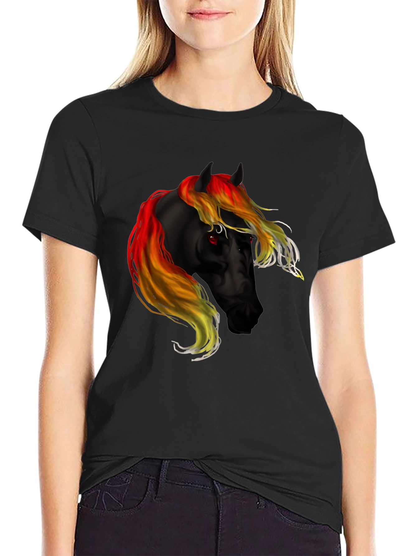 Black T-Shirt with Fiery Horse Graphic