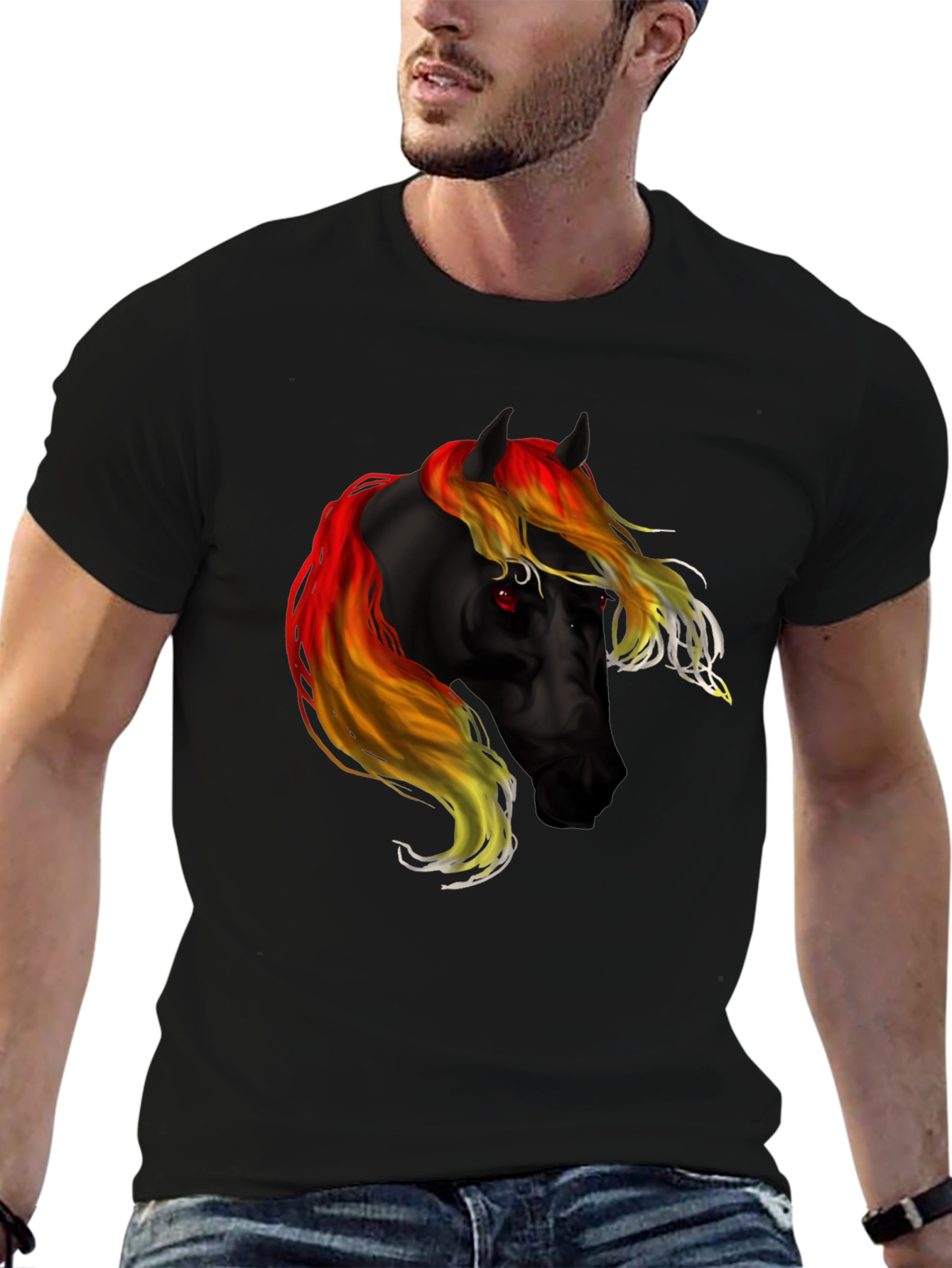 Black T-Shirt with Fiery Horse Graphic