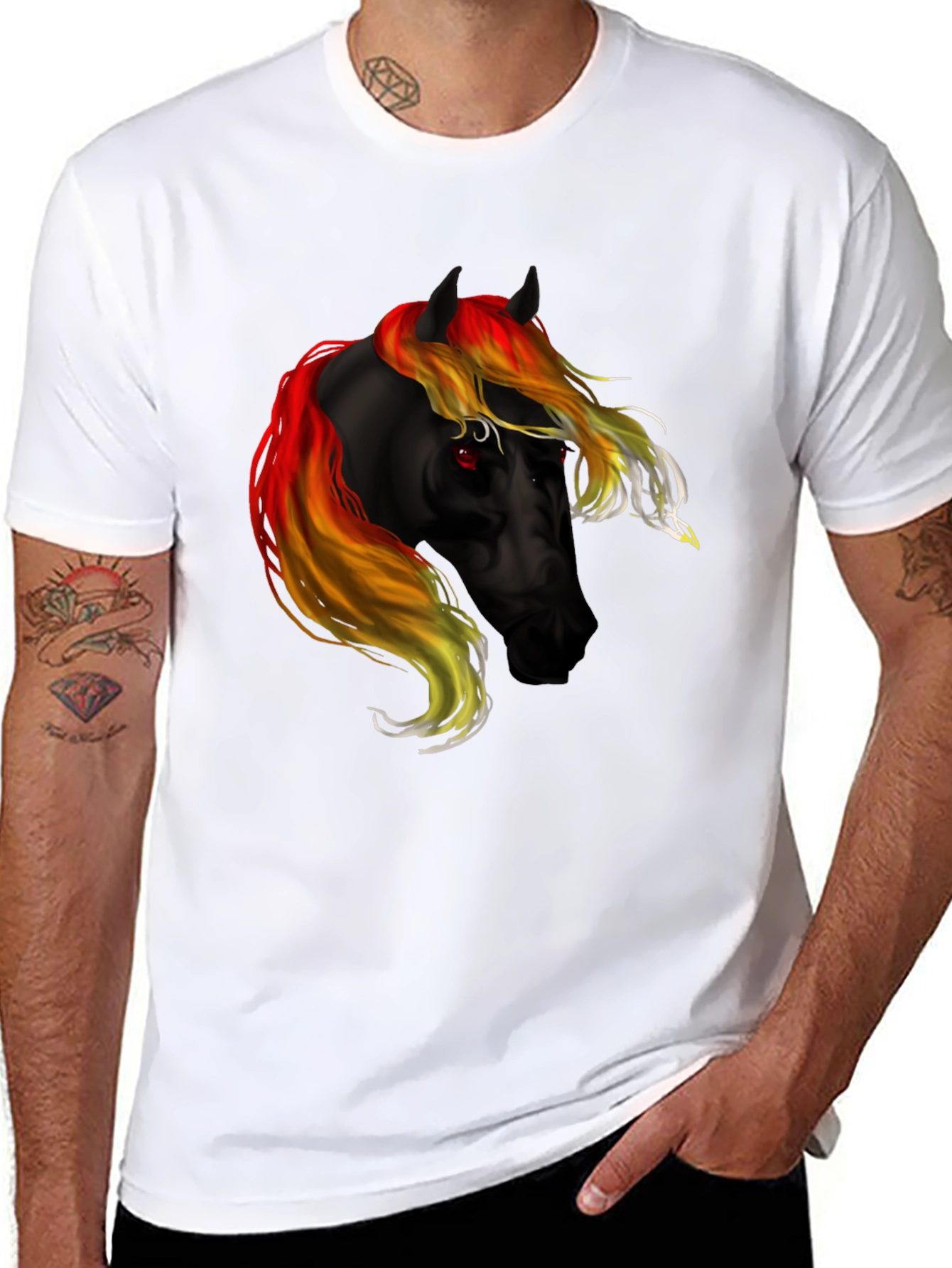 Black T-Shirt with Fiery Horse Graphic