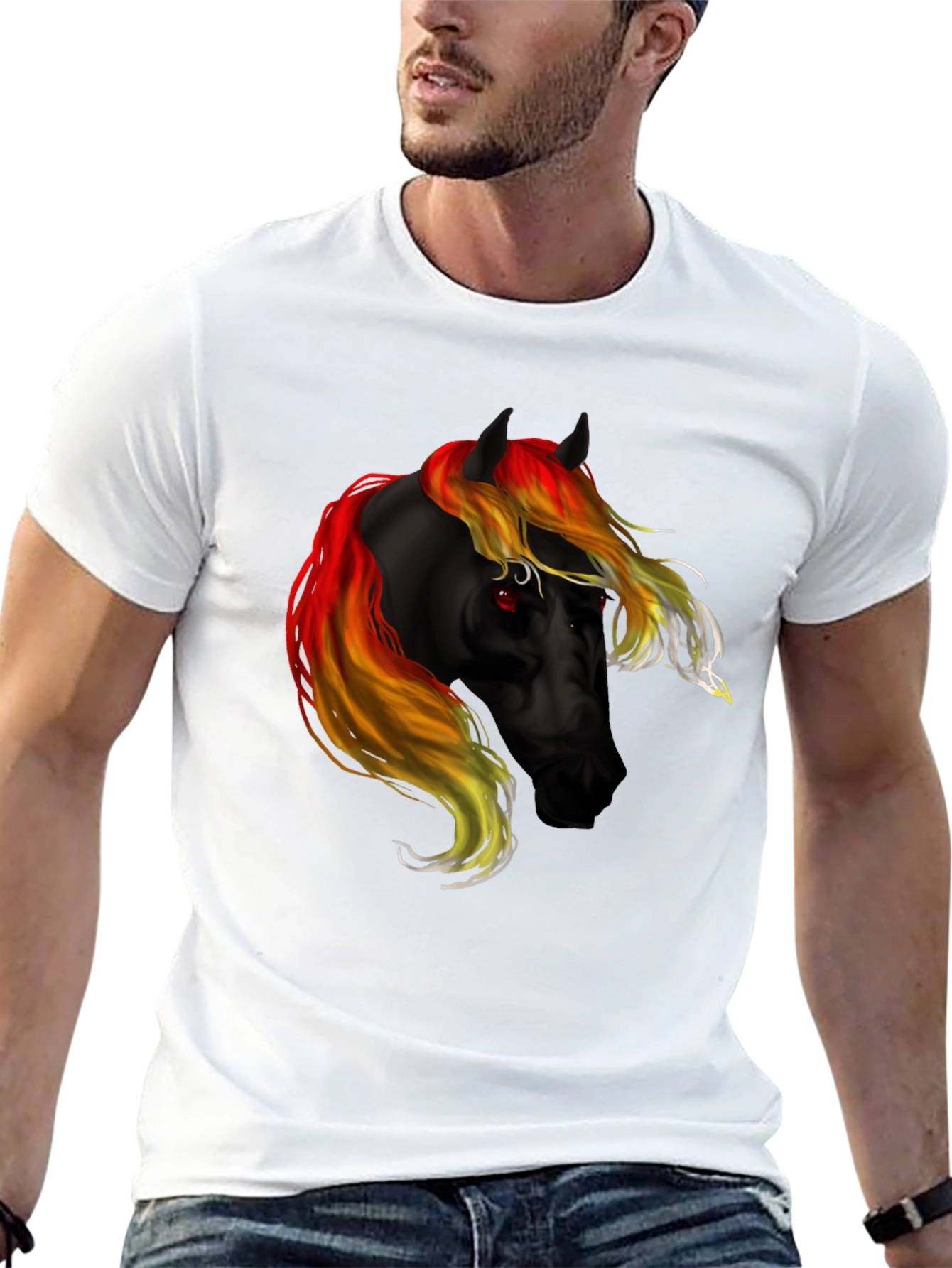Black T-Shirt with Fiery Horse Graphic