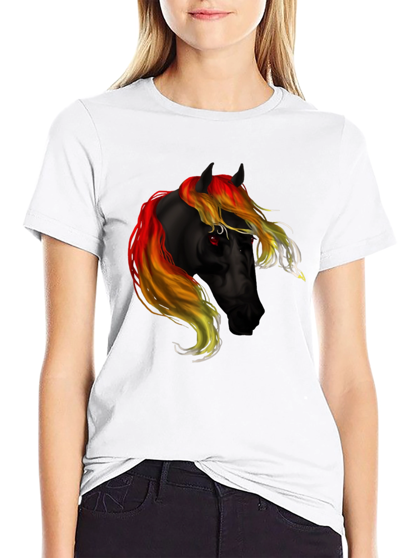 Black T-Shirt with Fiery Horse Graphic