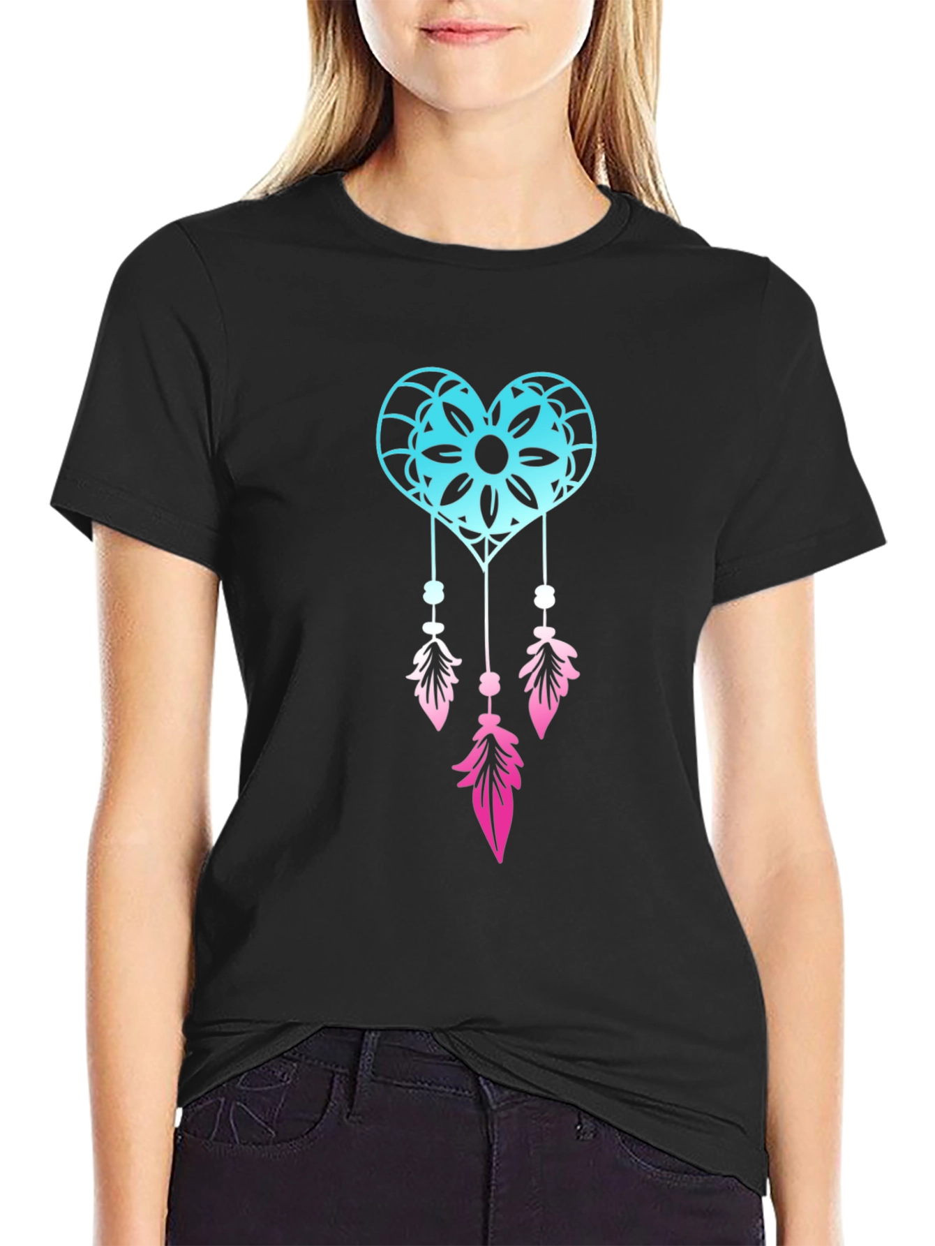 Dreamcatcher Heart Graphic Tee - Black Cotton Blend
