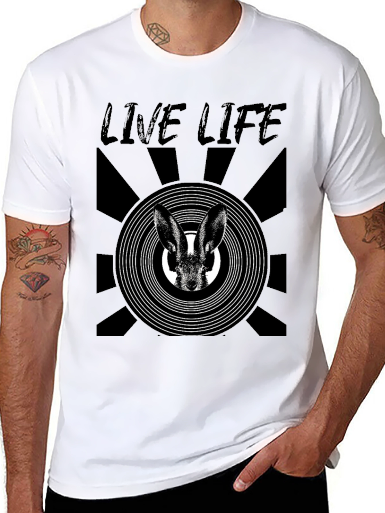 Live Life Rabbit Graphic Print Black T-Shirt