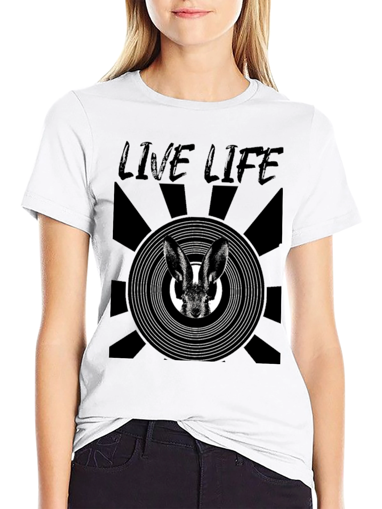 Live Life Rabbit Graphic Print Black T-Shirt