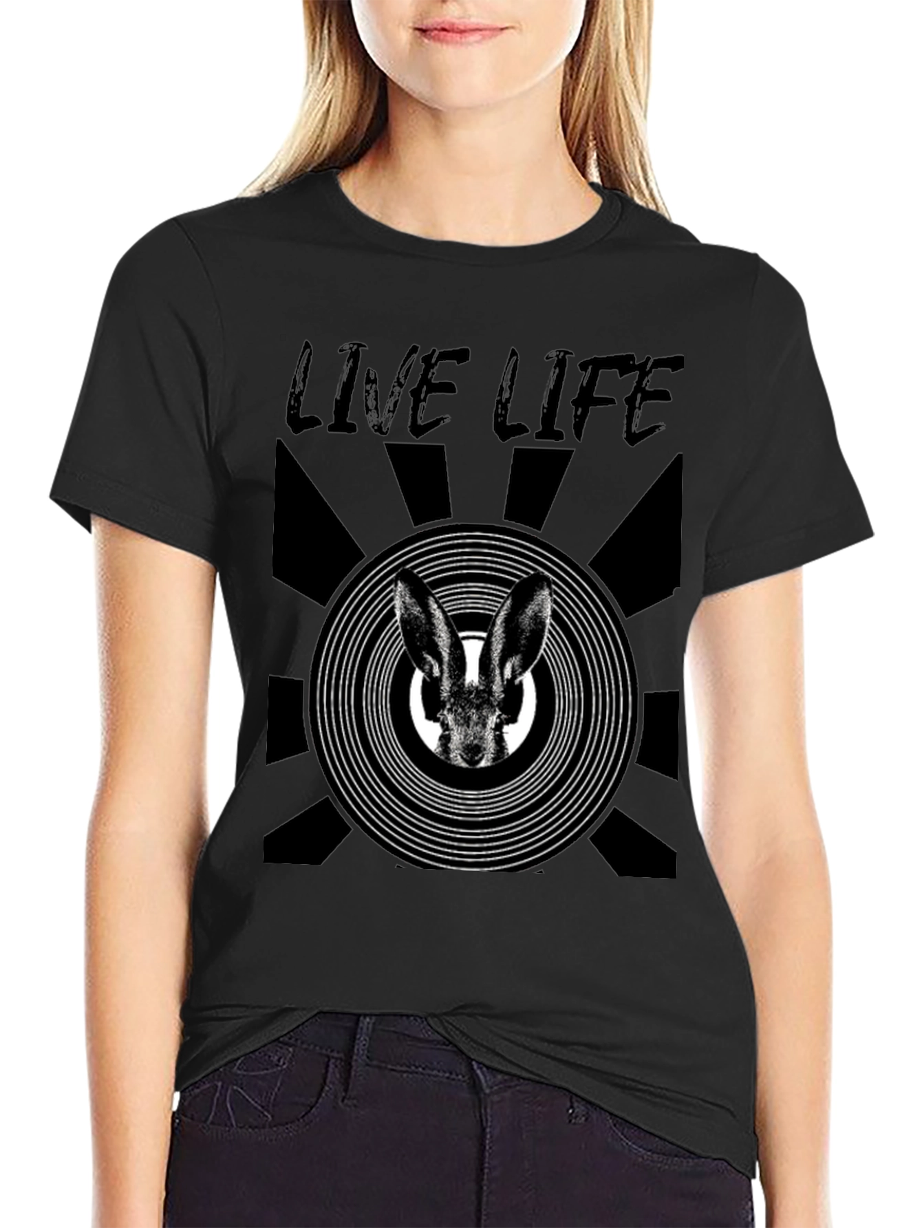 Live Life Rabbit Graphic Print Black T-Shirt