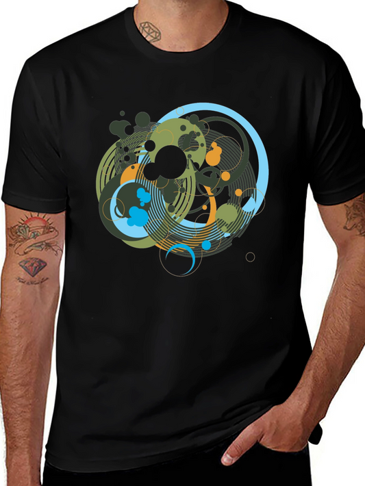 Abstract Geometric Circle Design Black T-Shirt