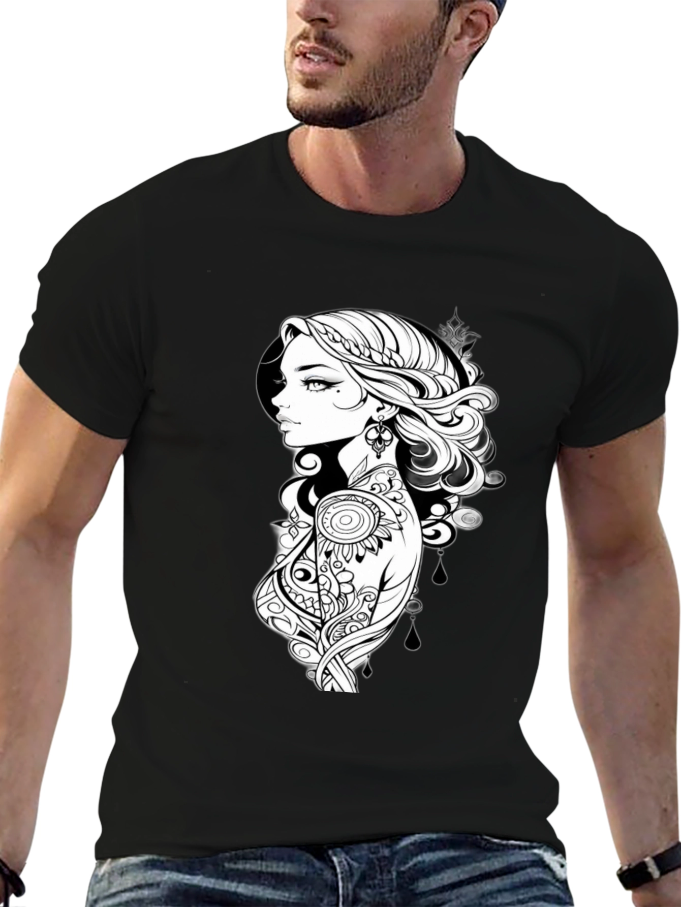 Black T-Shirt with Artistic Woman Graphic