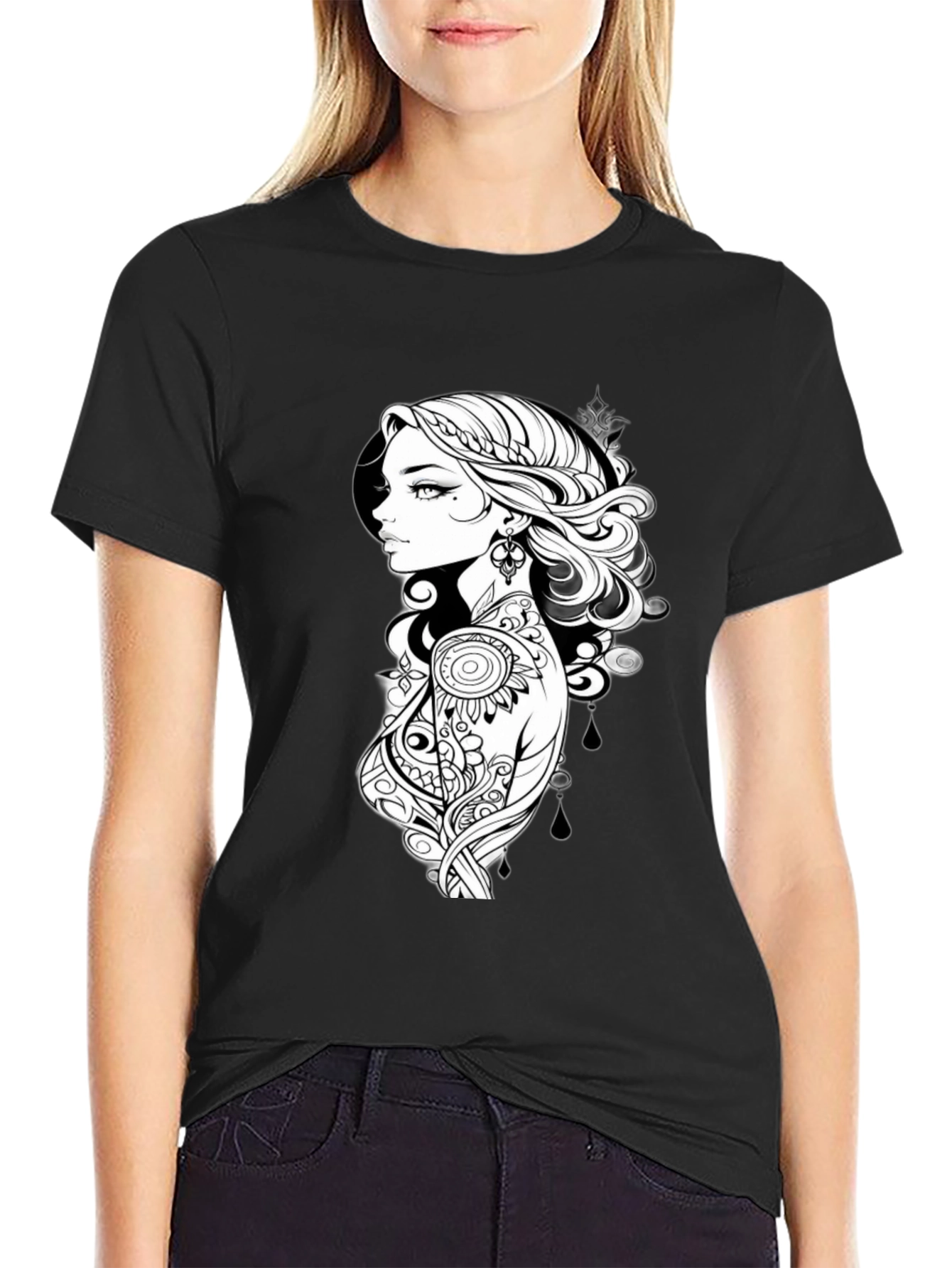 Black T-Shirt with Artistic Woman Graphic