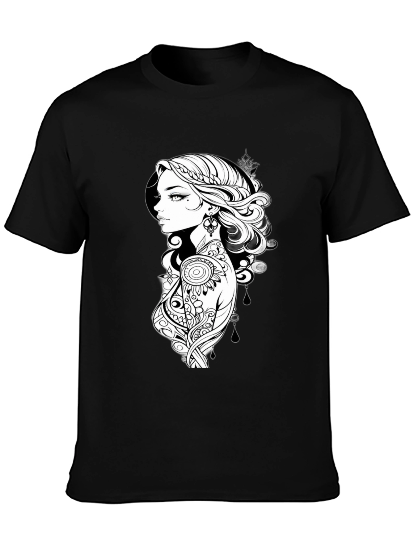 Black T-Shirt with Artistic Woman Graphic