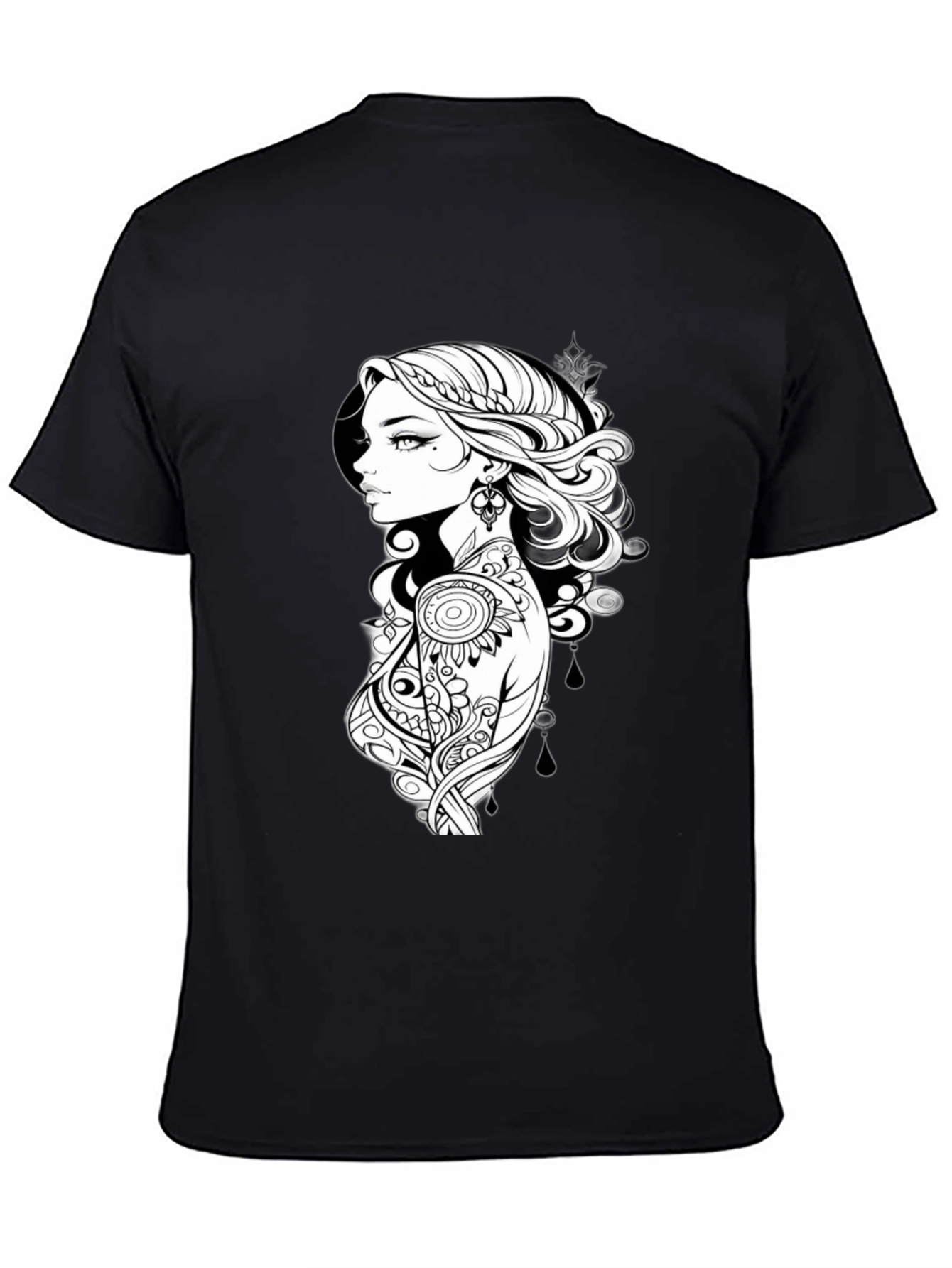 Black T-Shirt with Artistic Woman Graphic