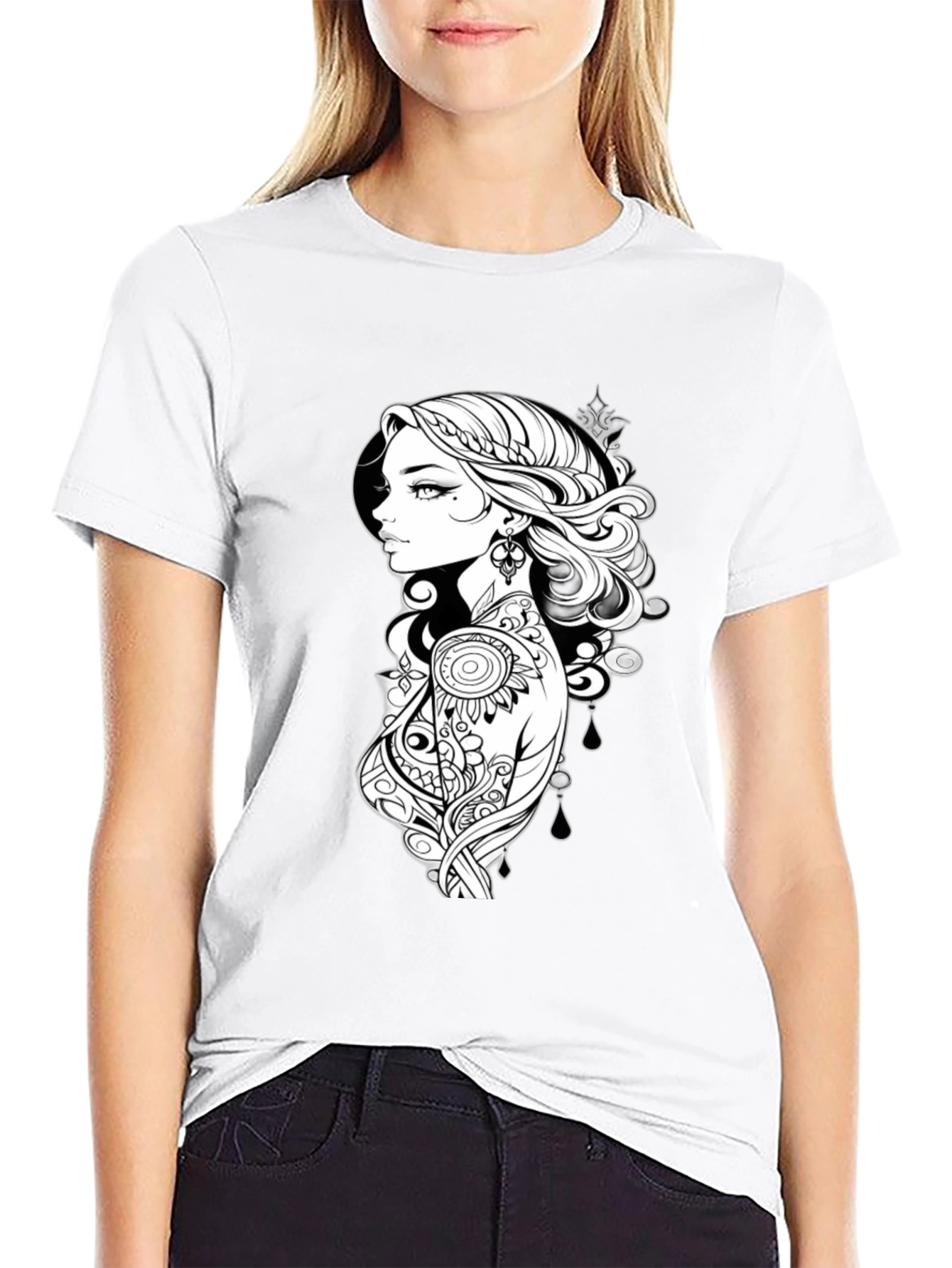 Black T-Shirt with Artistic Woman Graphic