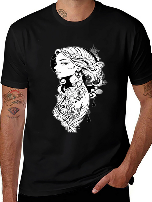 Black T-Shirt with Artistic Woman Graphic