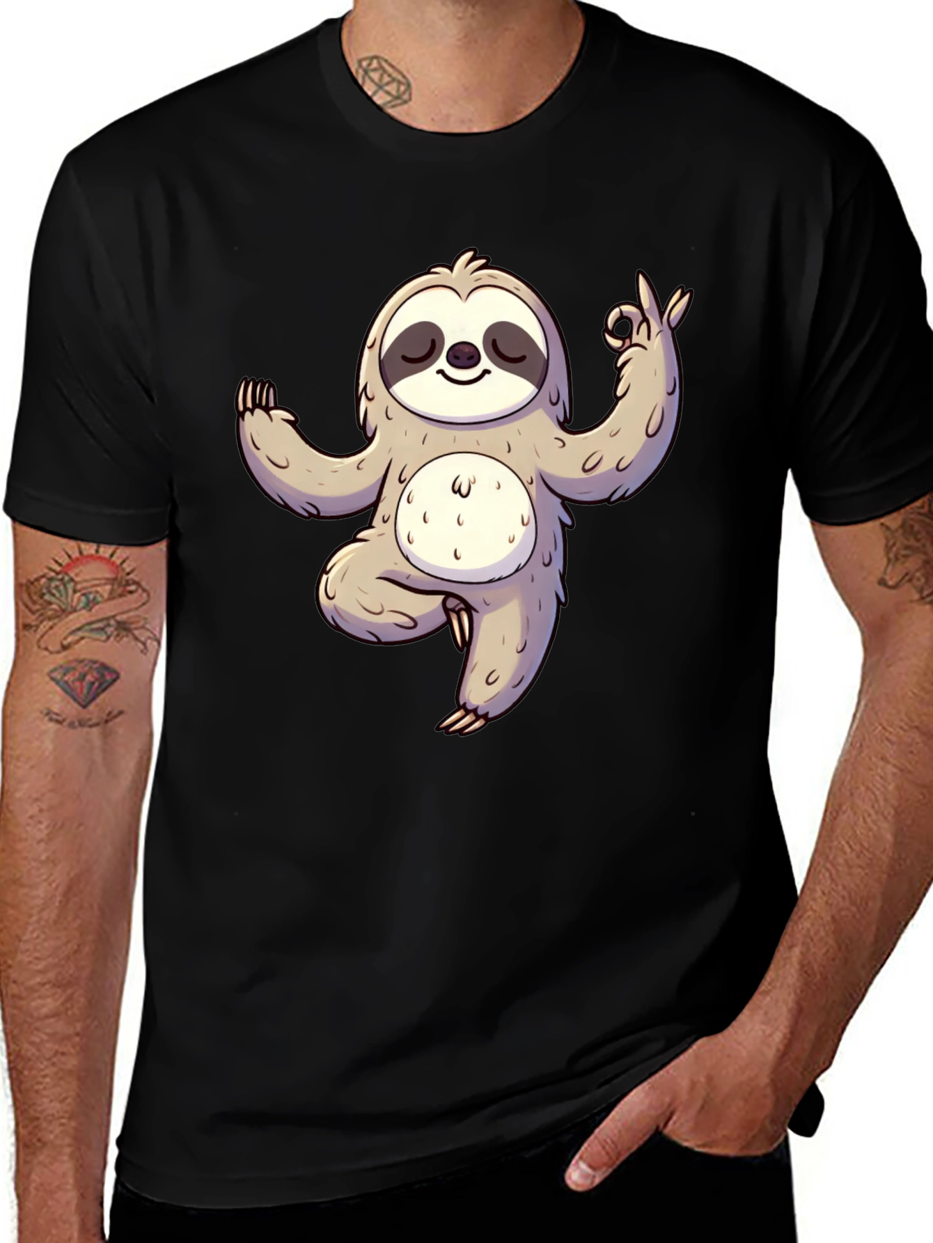 Yoga Sloth Graphic Tee - Black Cotton T-Shirt