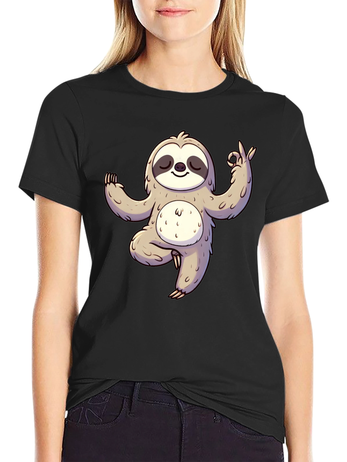 Yoga Sloth Graphic Tee - Black Cotton T-Shirt