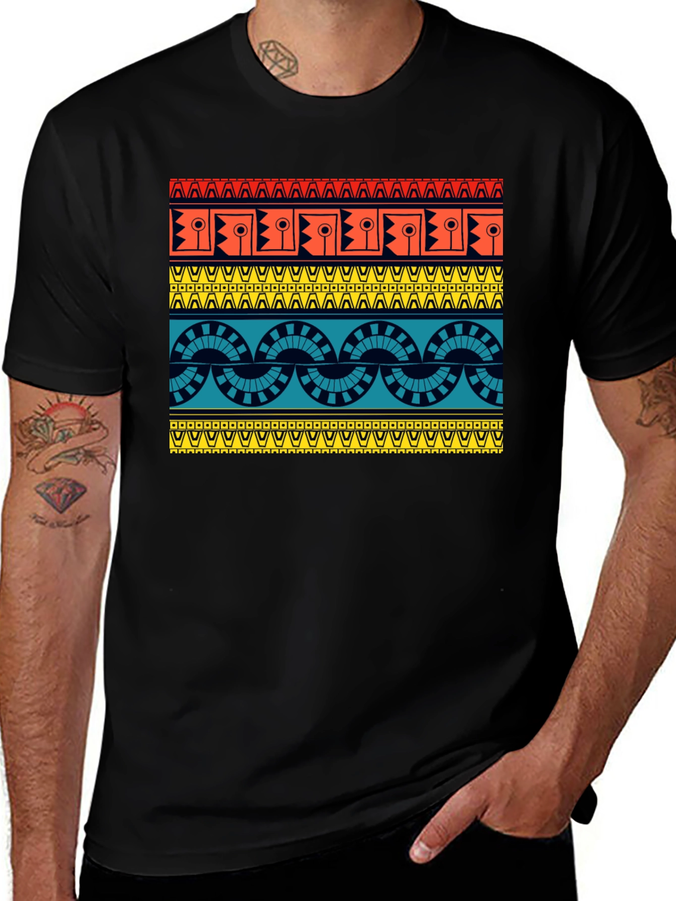 Geometric Aztec Pattern Black T-Shirt