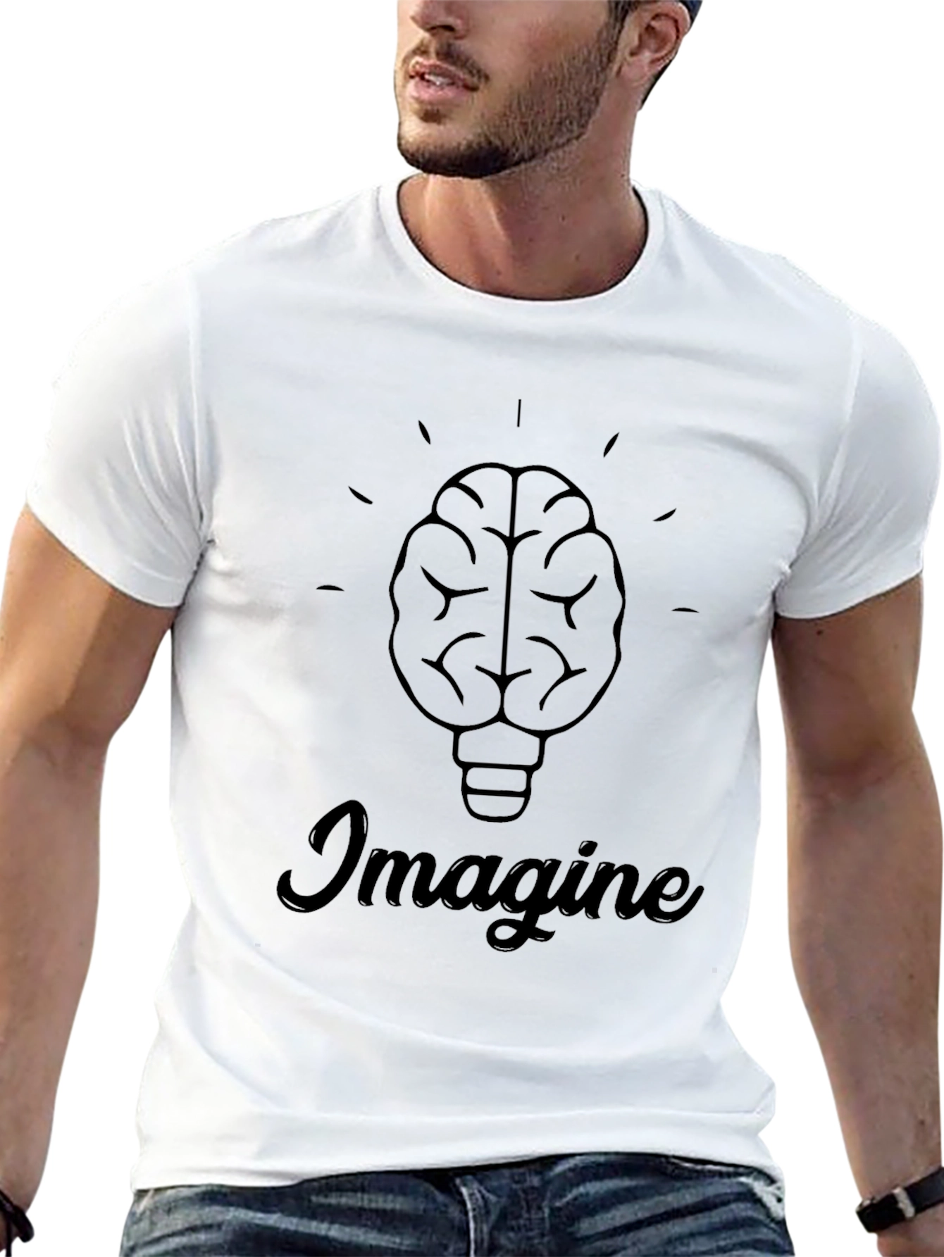 Imagine Brain Lightbulb Graphic Tee - Black Cotton T-Shirt
