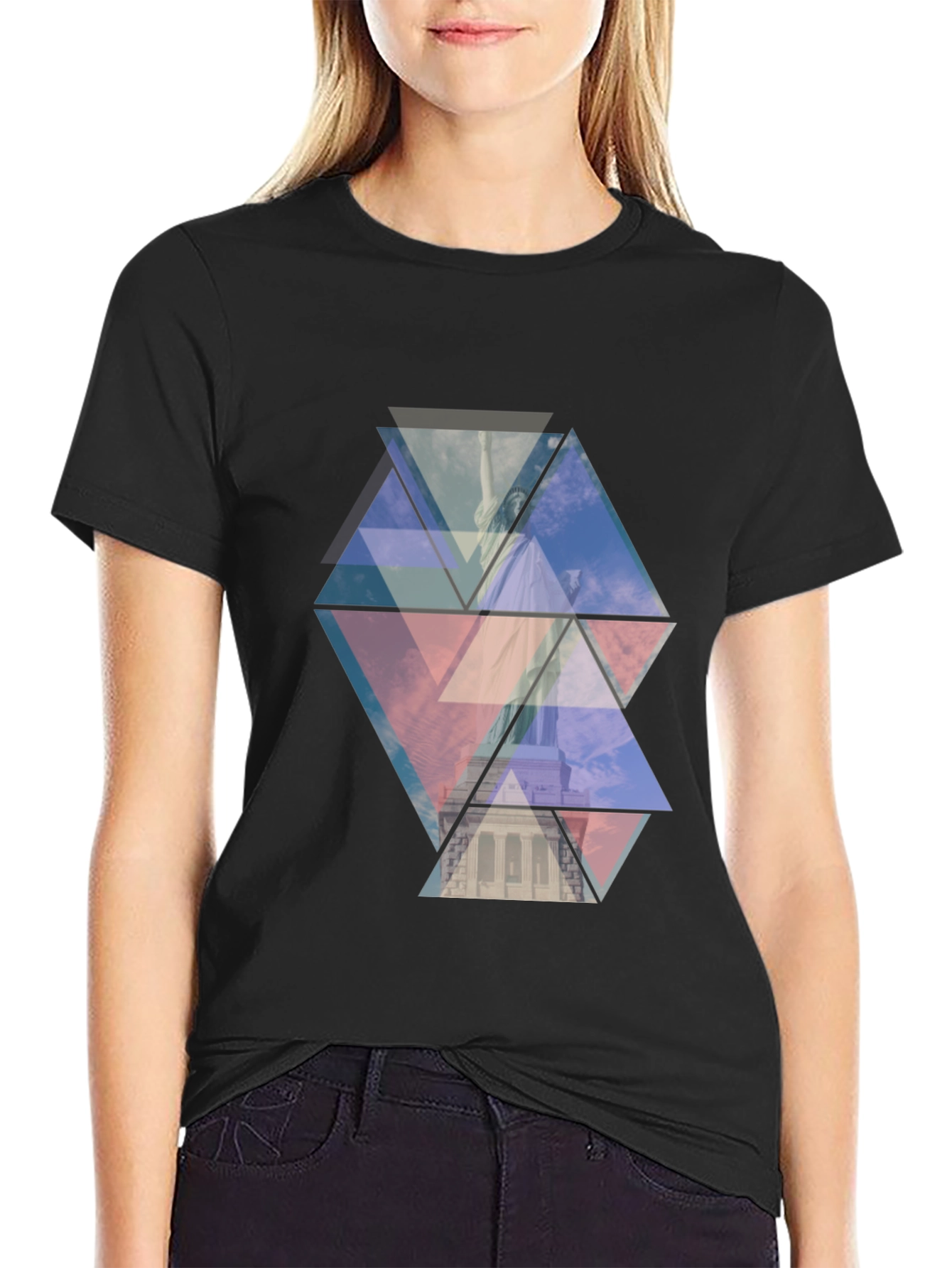 Geometric Statue of Liberty Print Black Tee