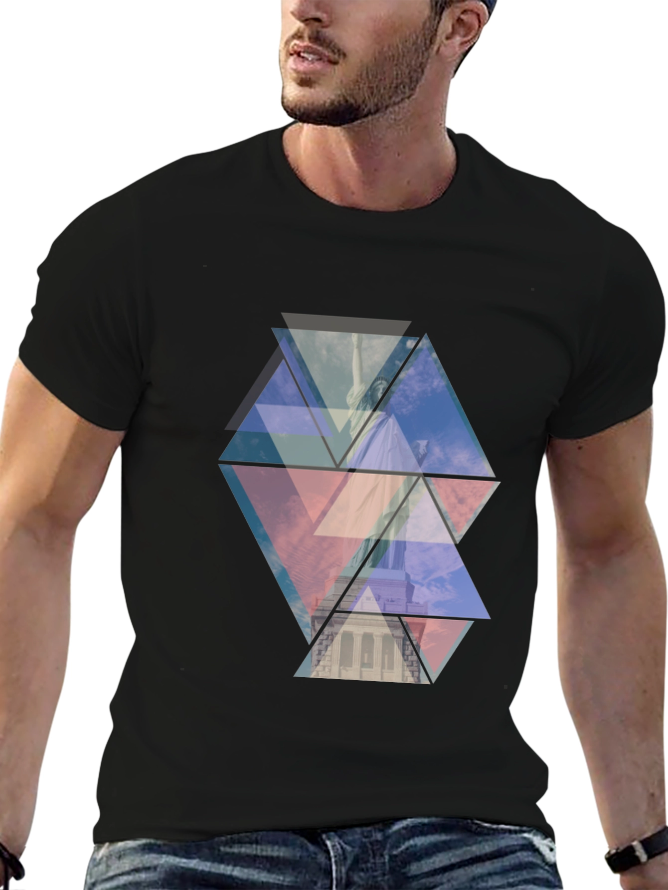 Geometric Statue of Liberty Print Black Tee