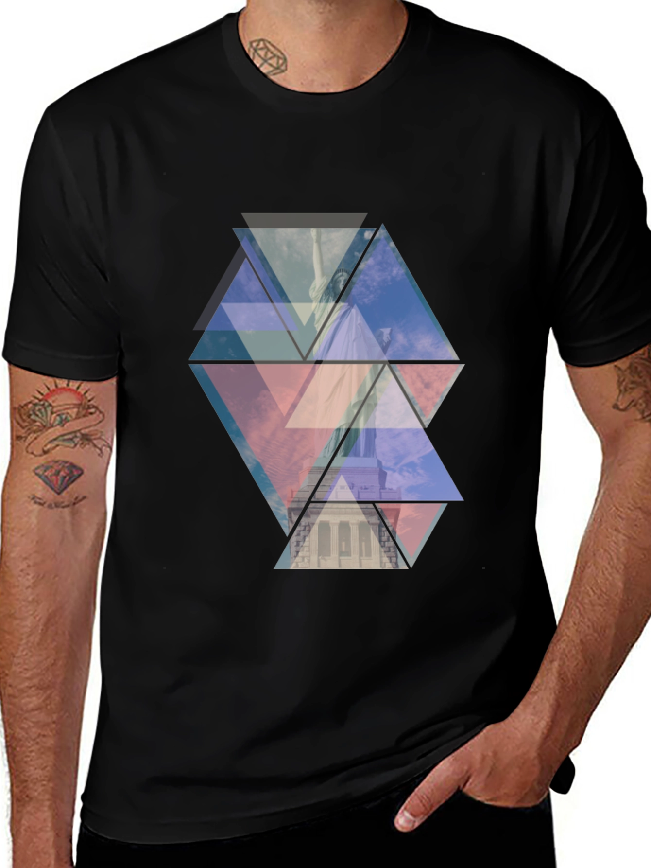 Geometric Statue of Liberty Print Black Tee