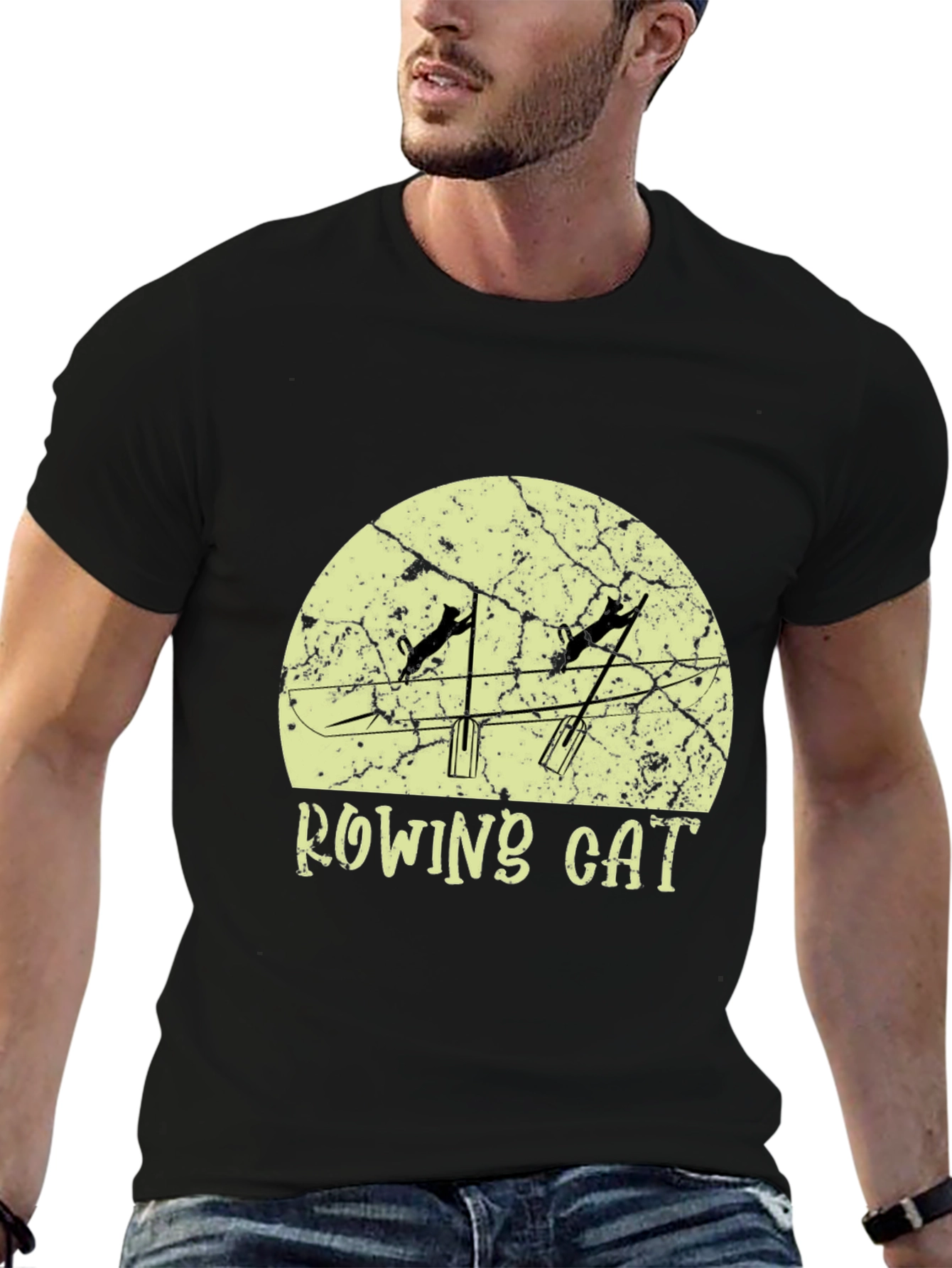 Rowing Cat Graphic Tee - Unique Novelty Design