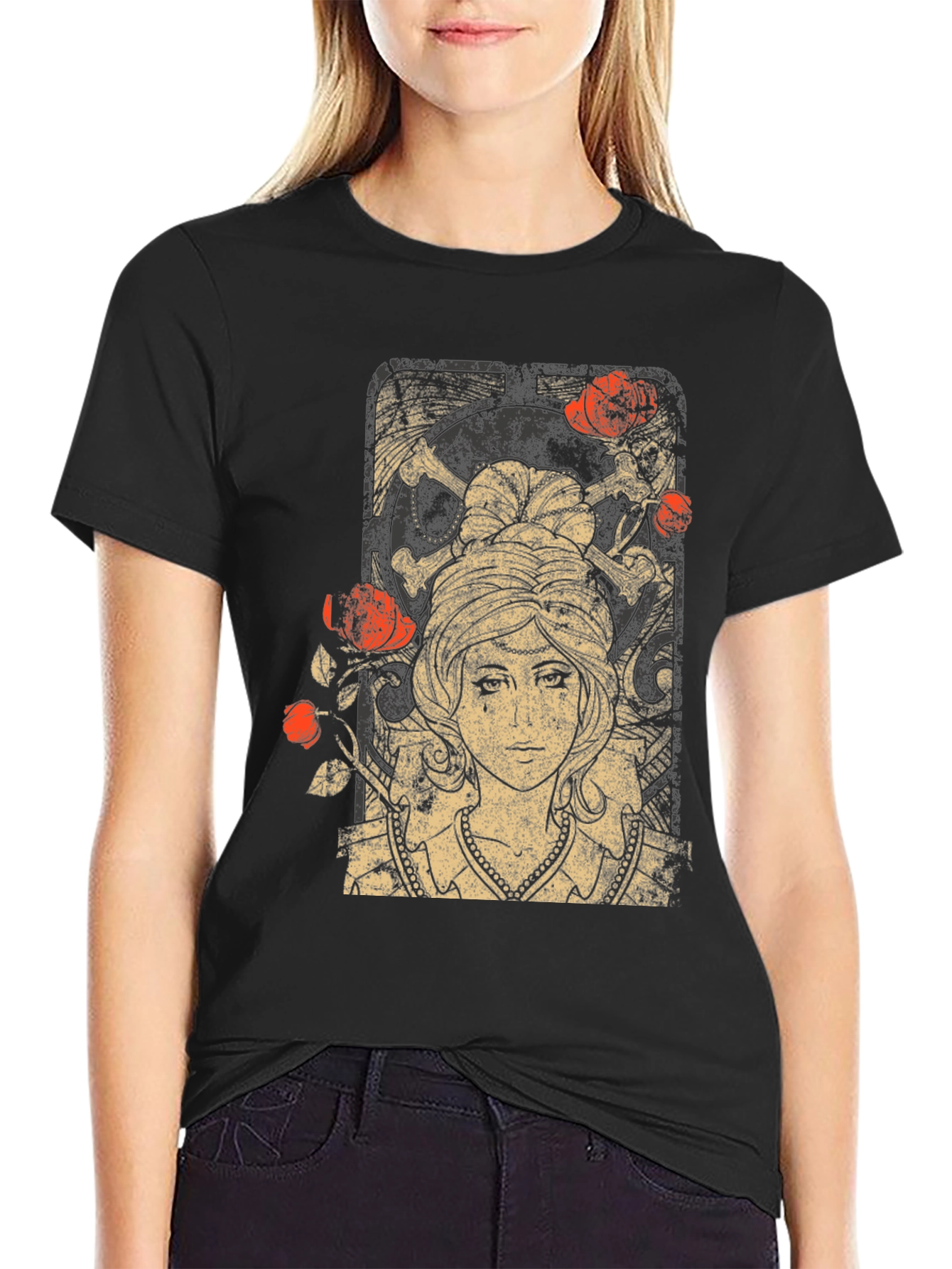 Gothic Maiden T-Shirt: Roses & Skulls