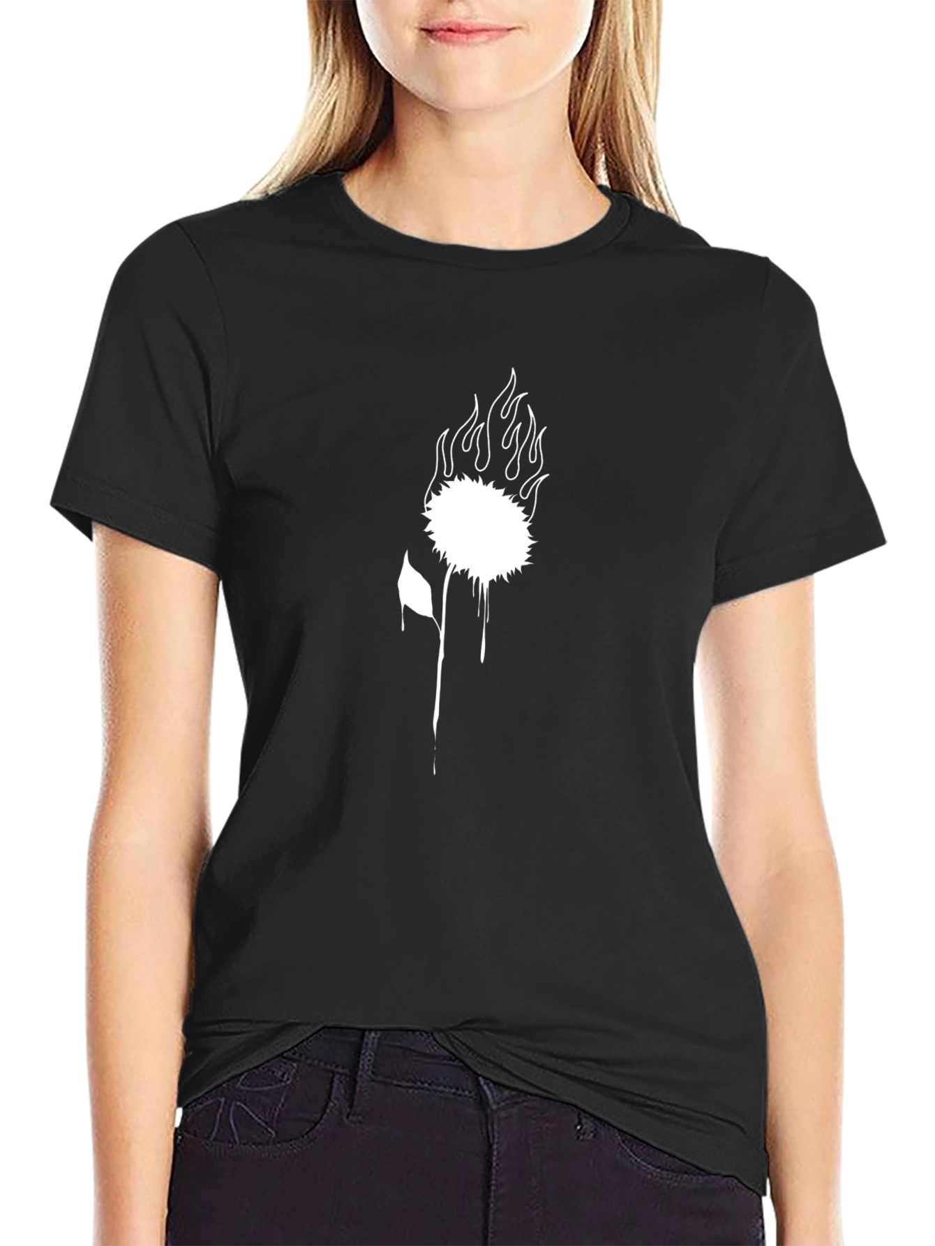 Black Graphic Tee - Burning Flower Design