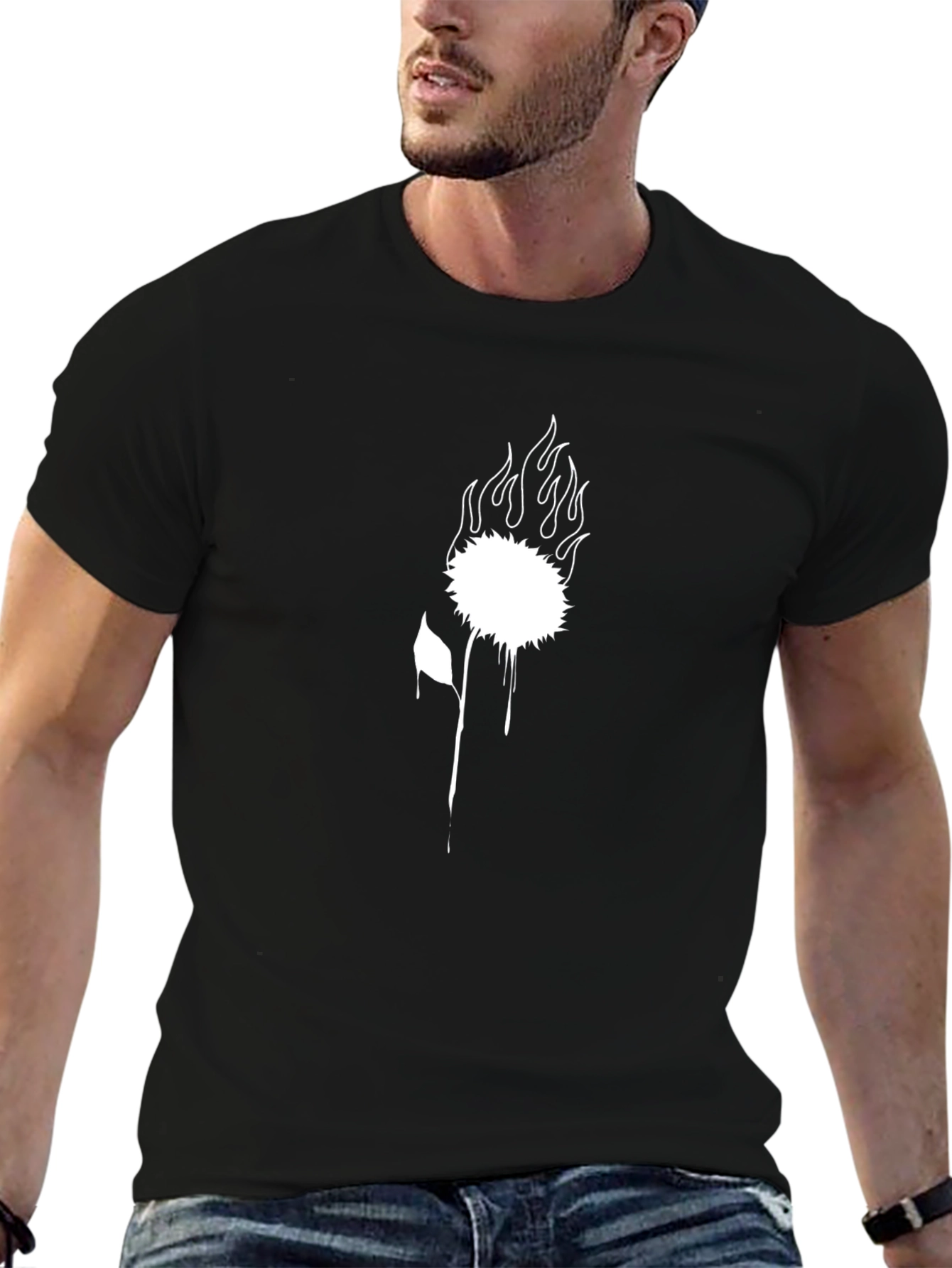 Black Graphic Tee - Burning Flower Design