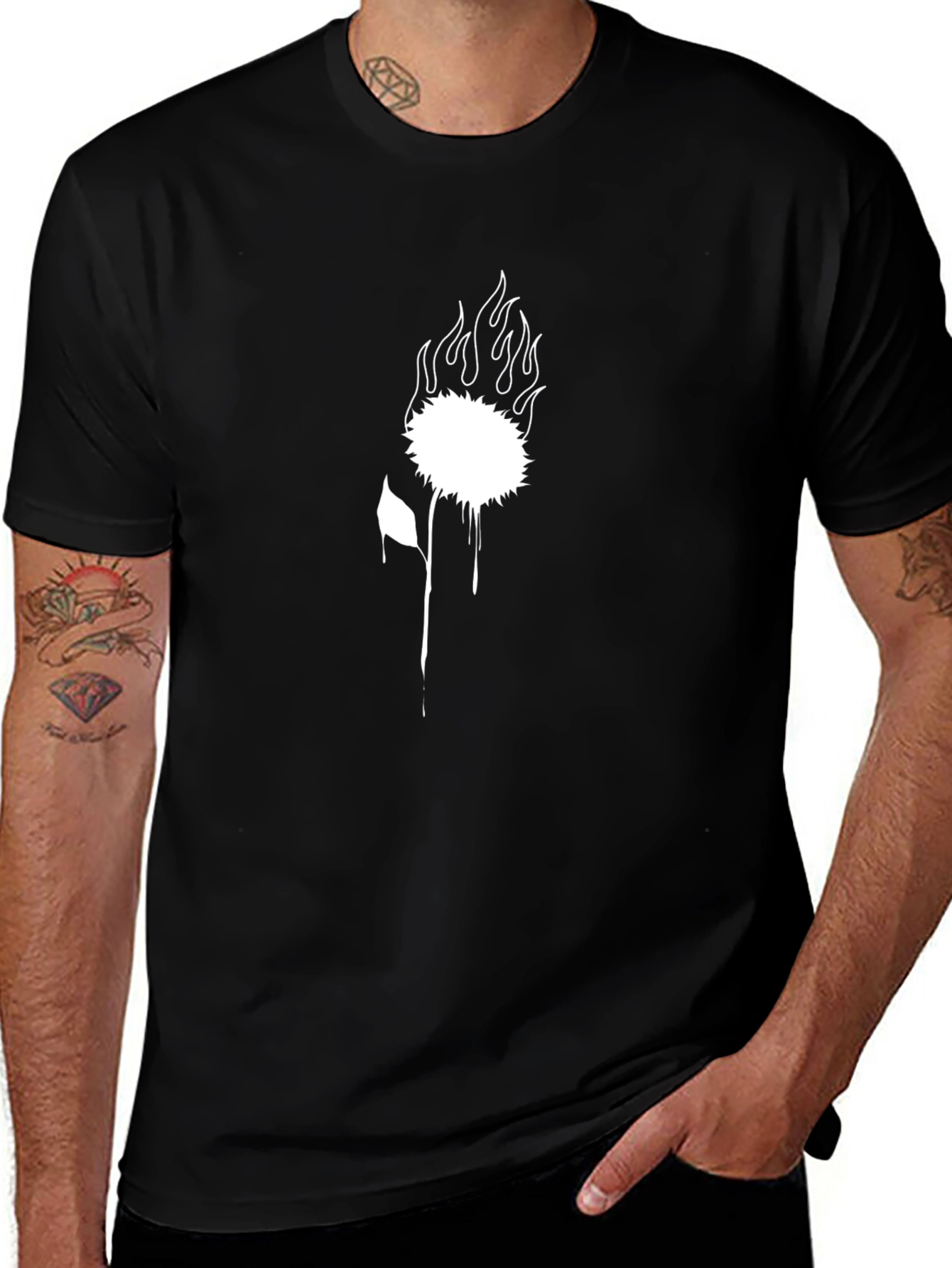 Black Graphic Tee - Burning Flower Design