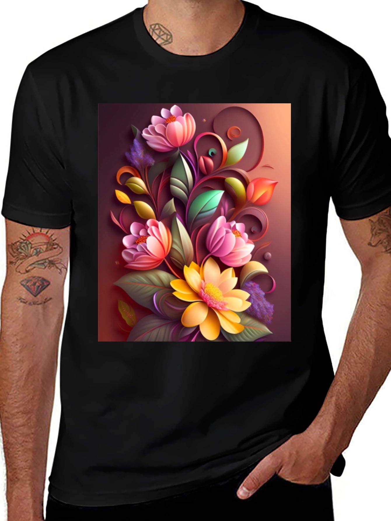 Floral Design Black T-Shirt