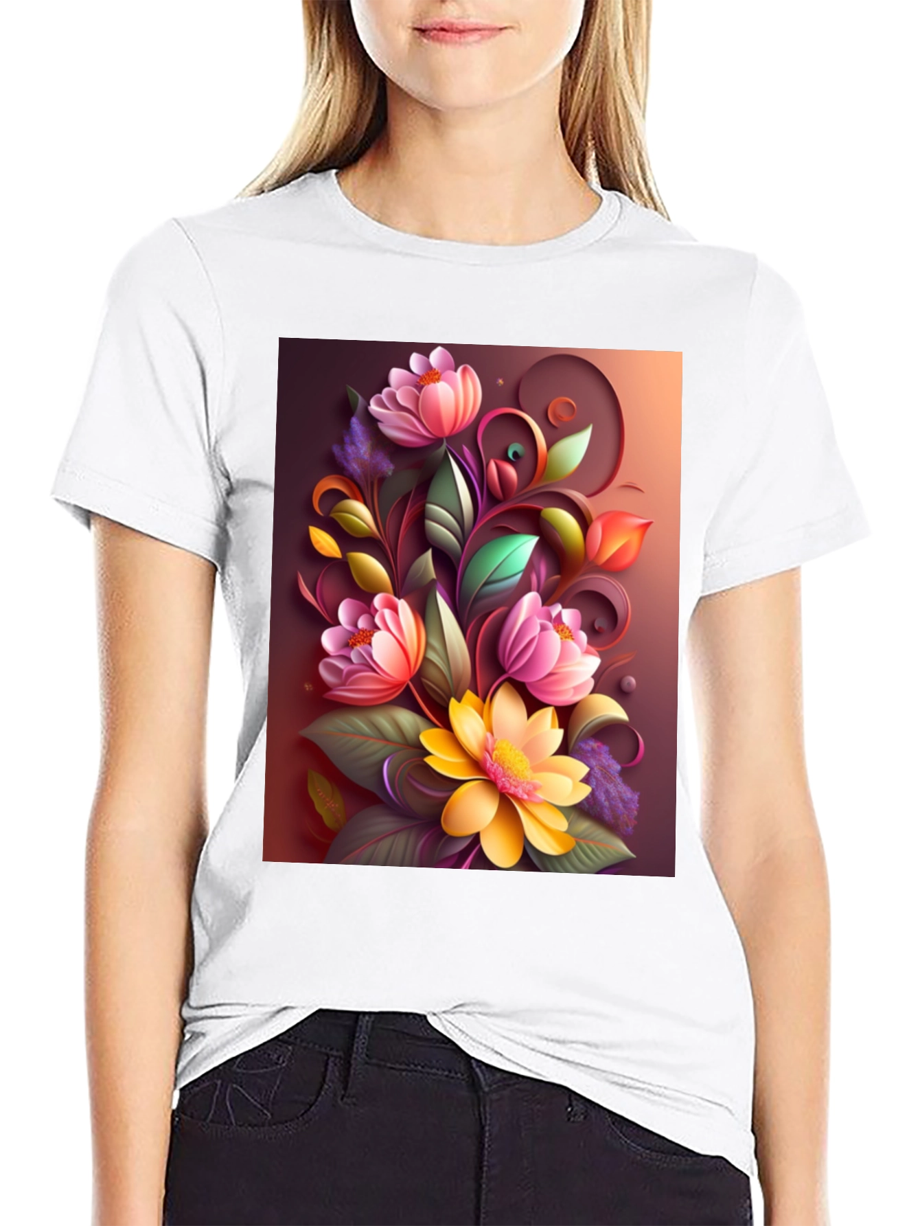 Floral Design Black T-Shirt