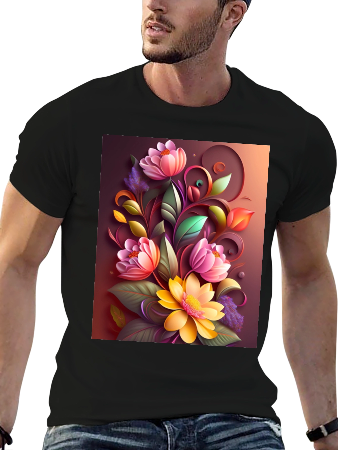 Floral Design Black T-Shirt