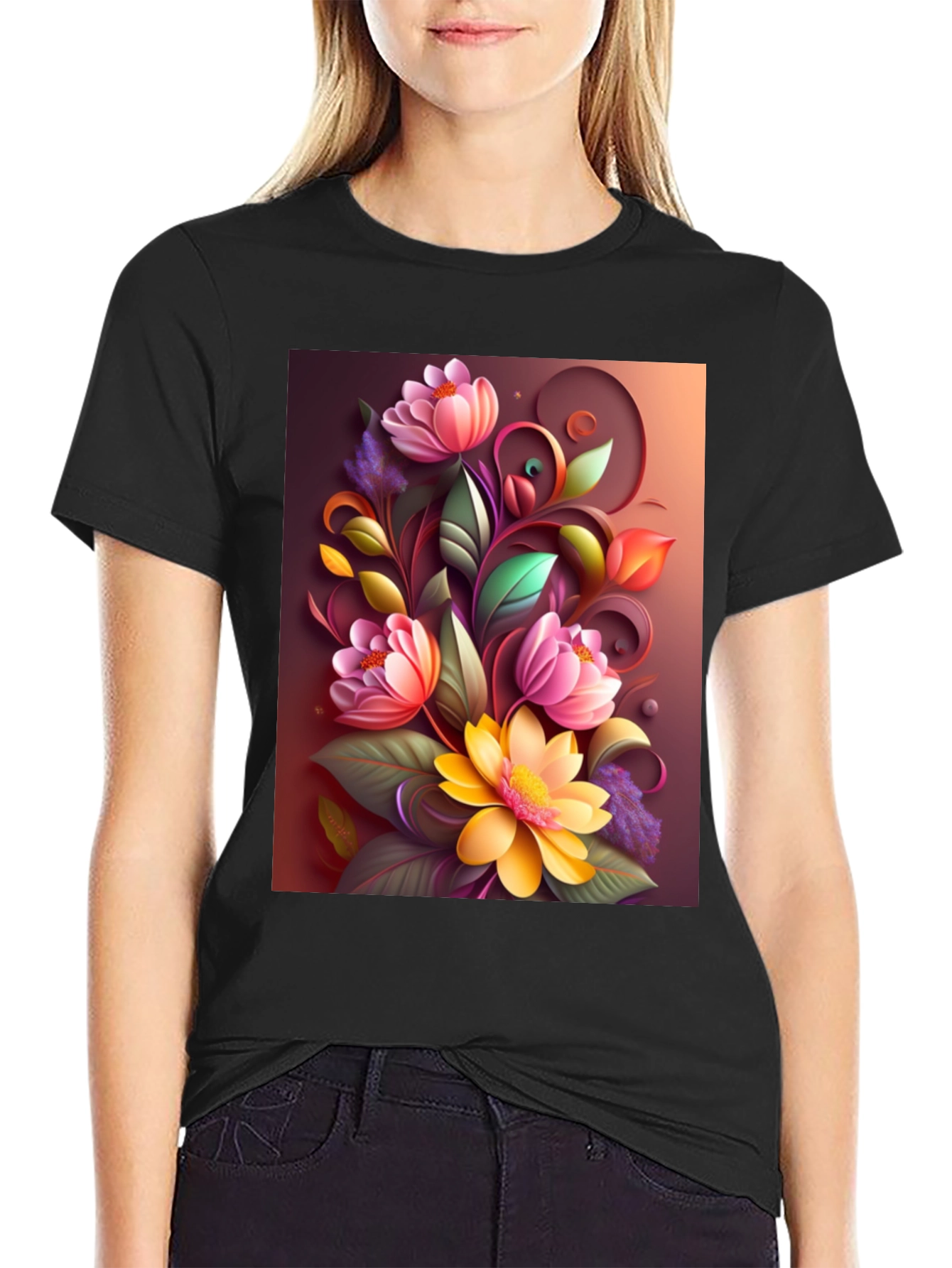 Floral Design Black T-Shirt