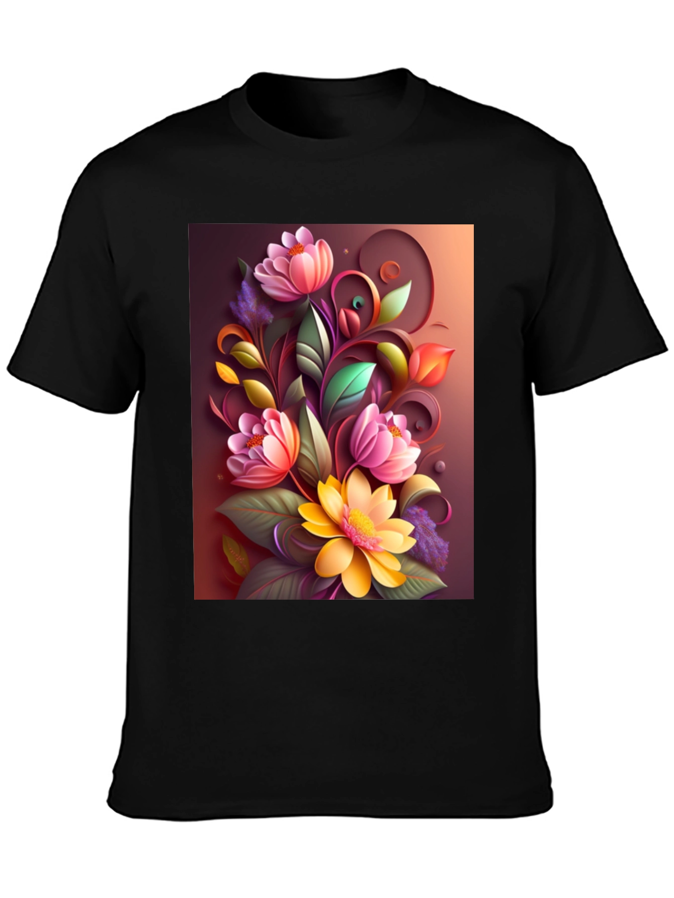 Floral Design Black T-Shirt