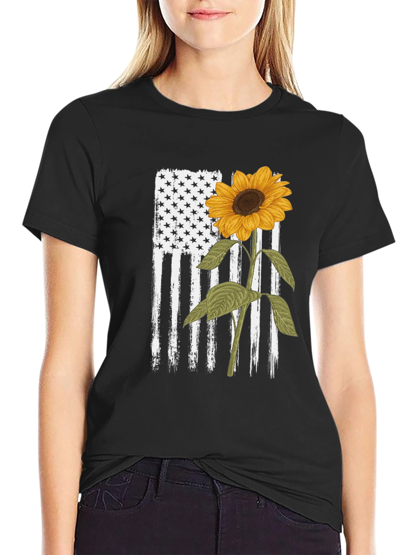 Sunflower American Flag Graphic T-Shirt