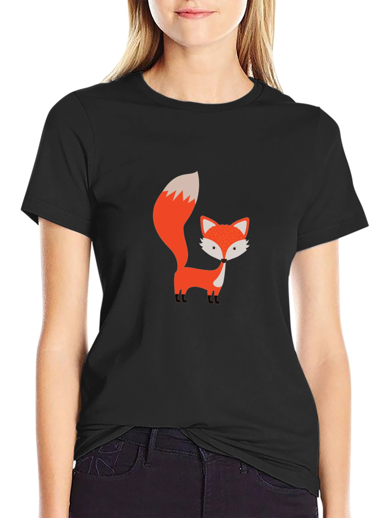Cute Cartoon Fox Graphic Black T-Shirt