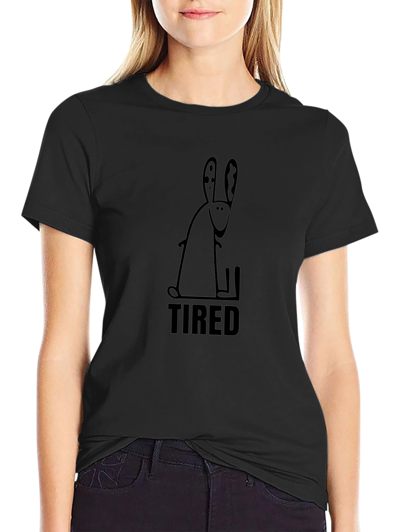 Tired Rabbit Graphic T-Shirt - Black Cotton Blend