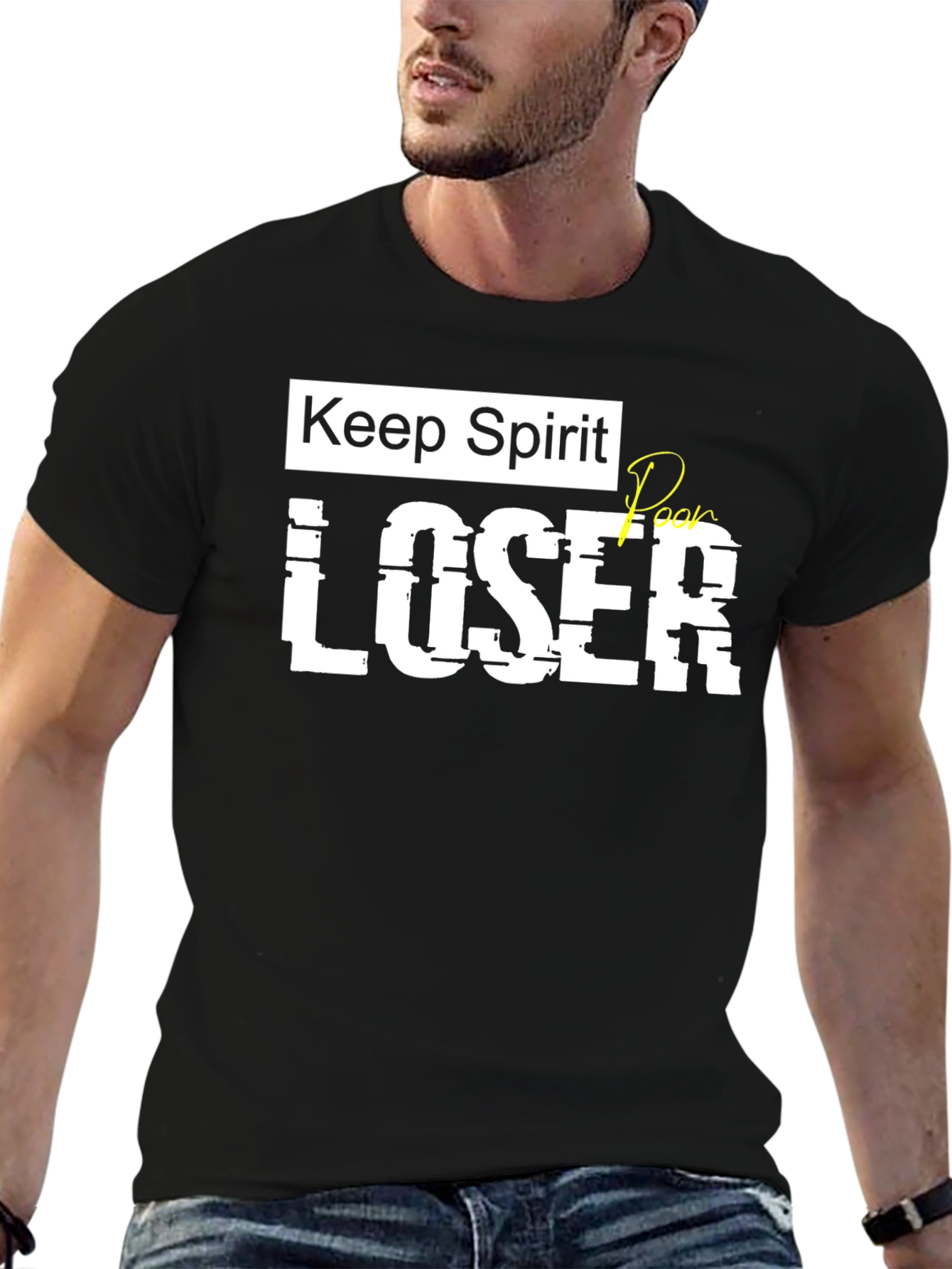 Keep Spirit Poor Loser Mens Black Graphic T-Shirt