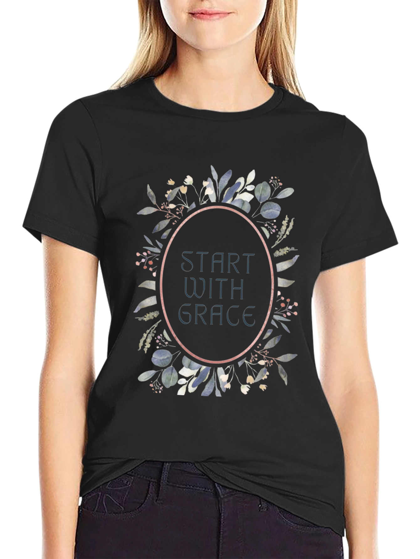 Start With Grace Floral Graphic T-Shirt - Black