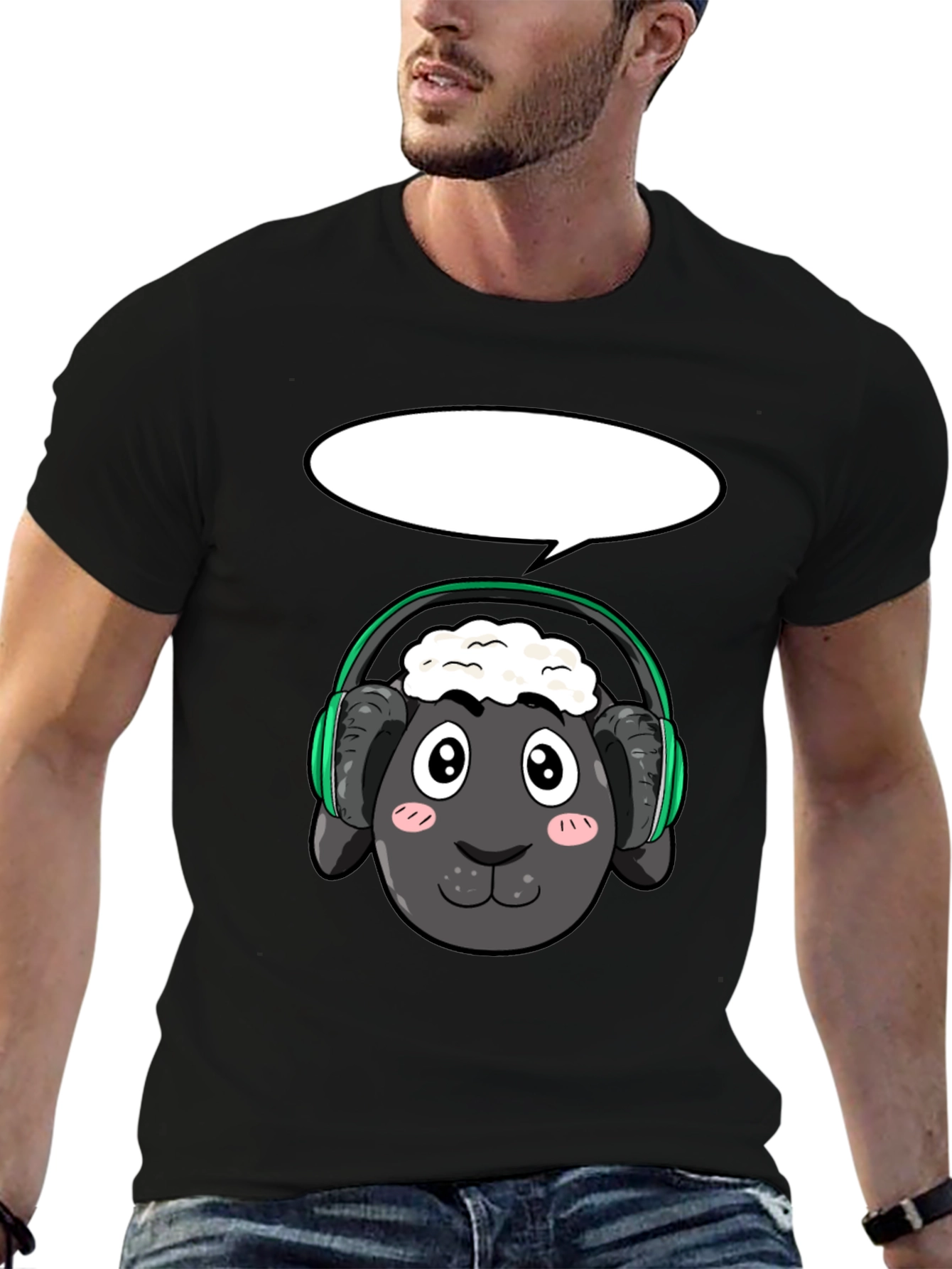 Cool Sheep with Headphones Black T-Shirt