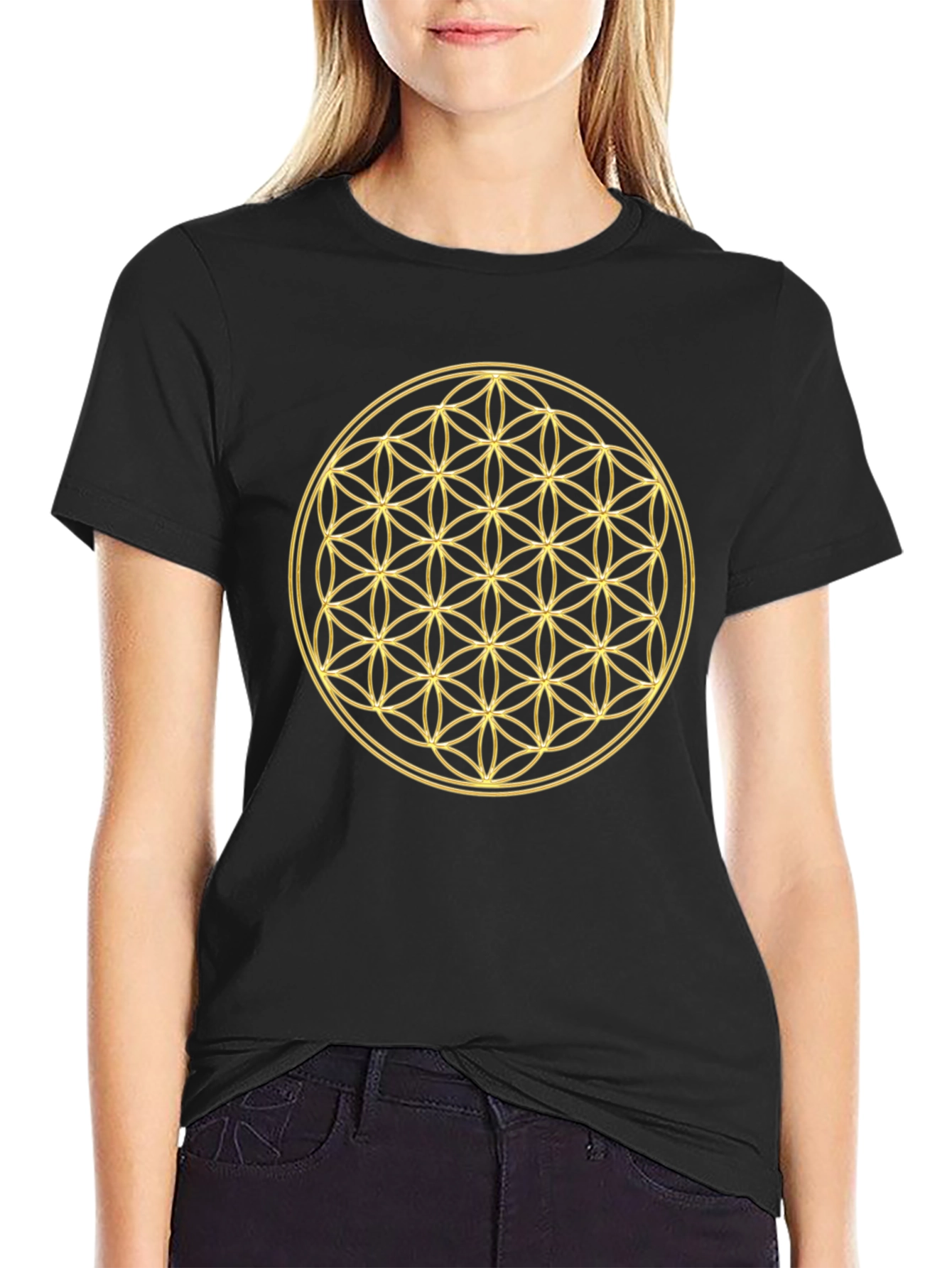 Flower of Life Gold Print Black T-Shirt