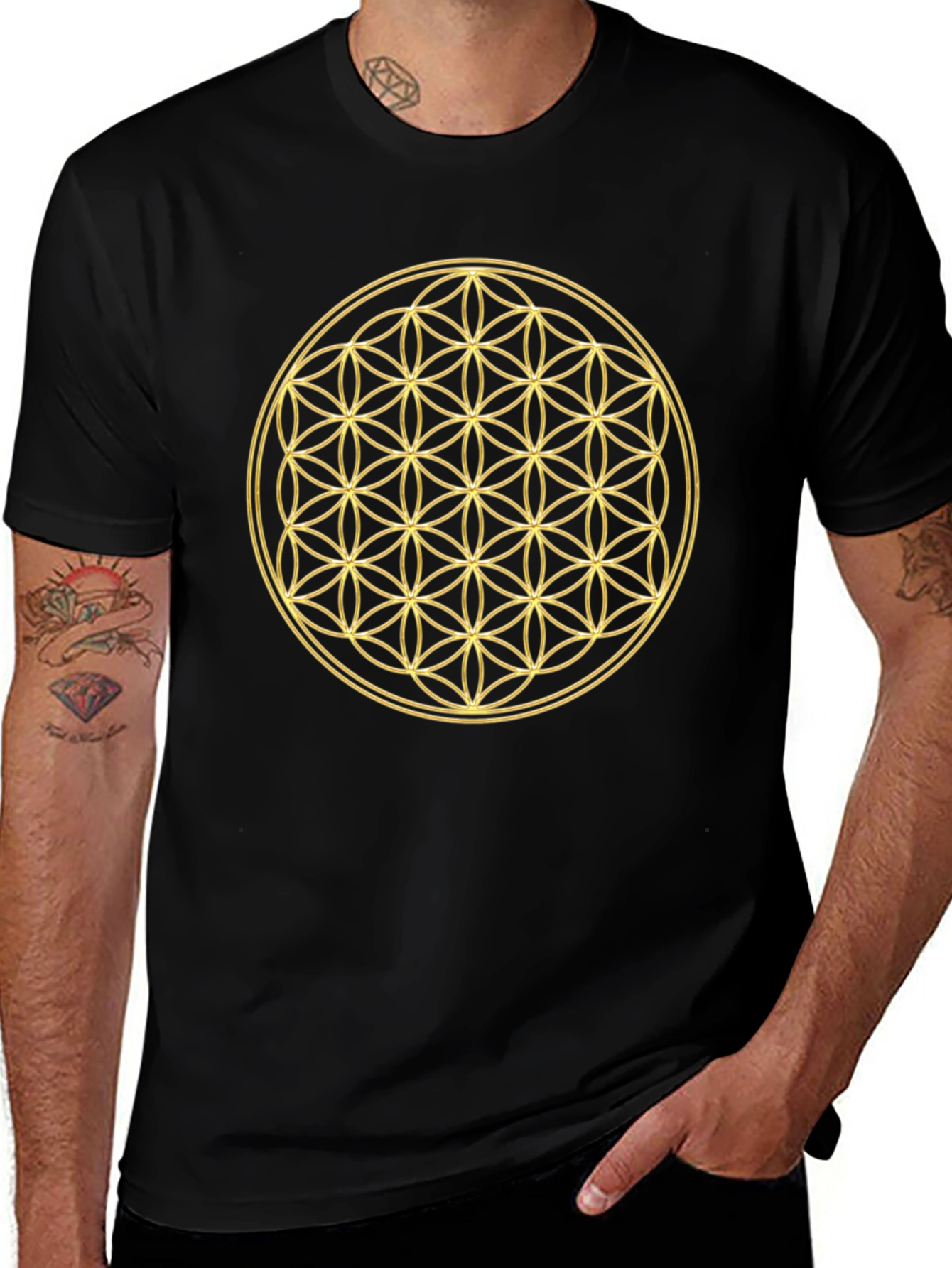 Flower of Life Gold Print Black T-Shirt