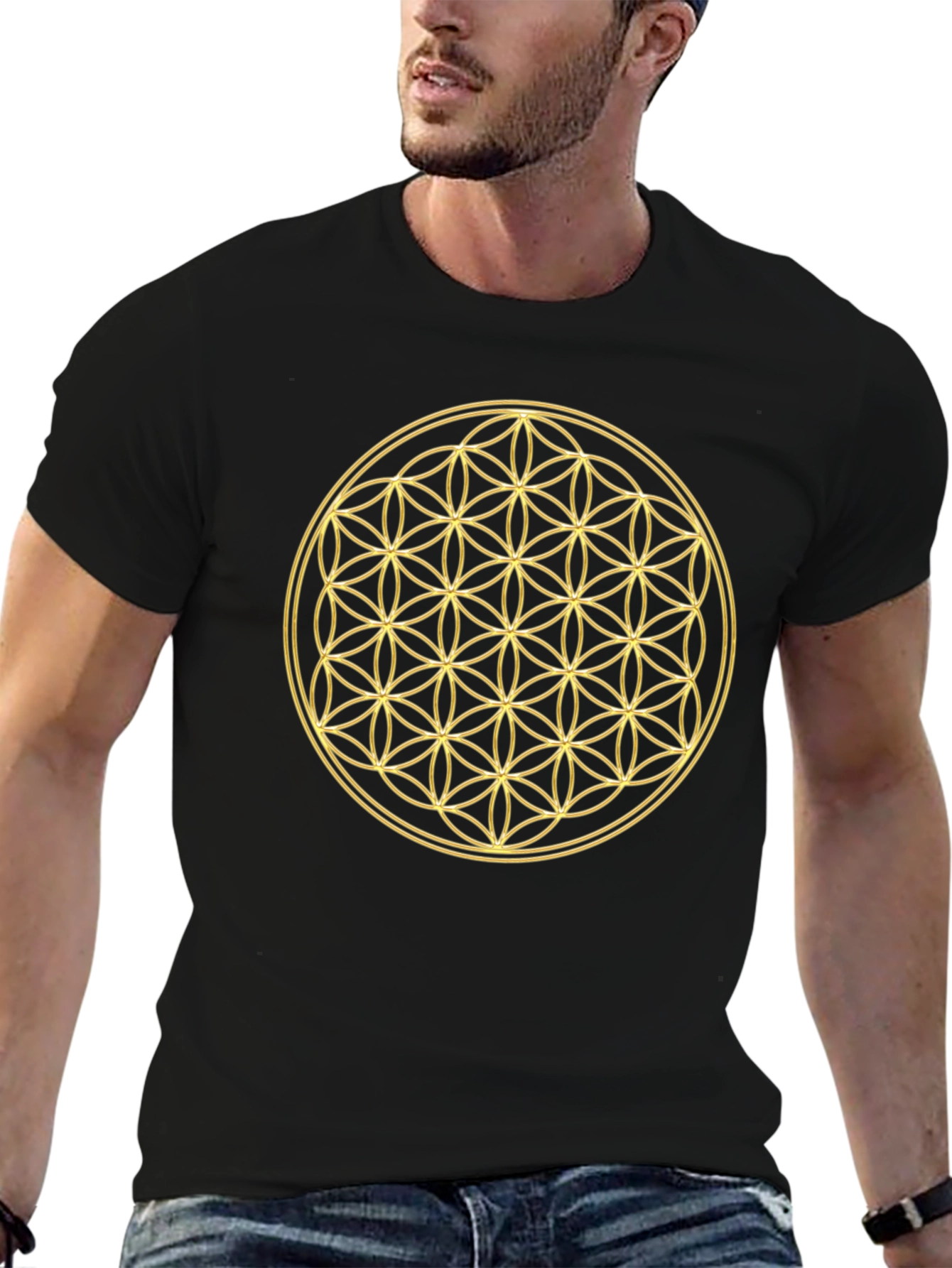 Flower of Life Gold Print Black T-Shirt