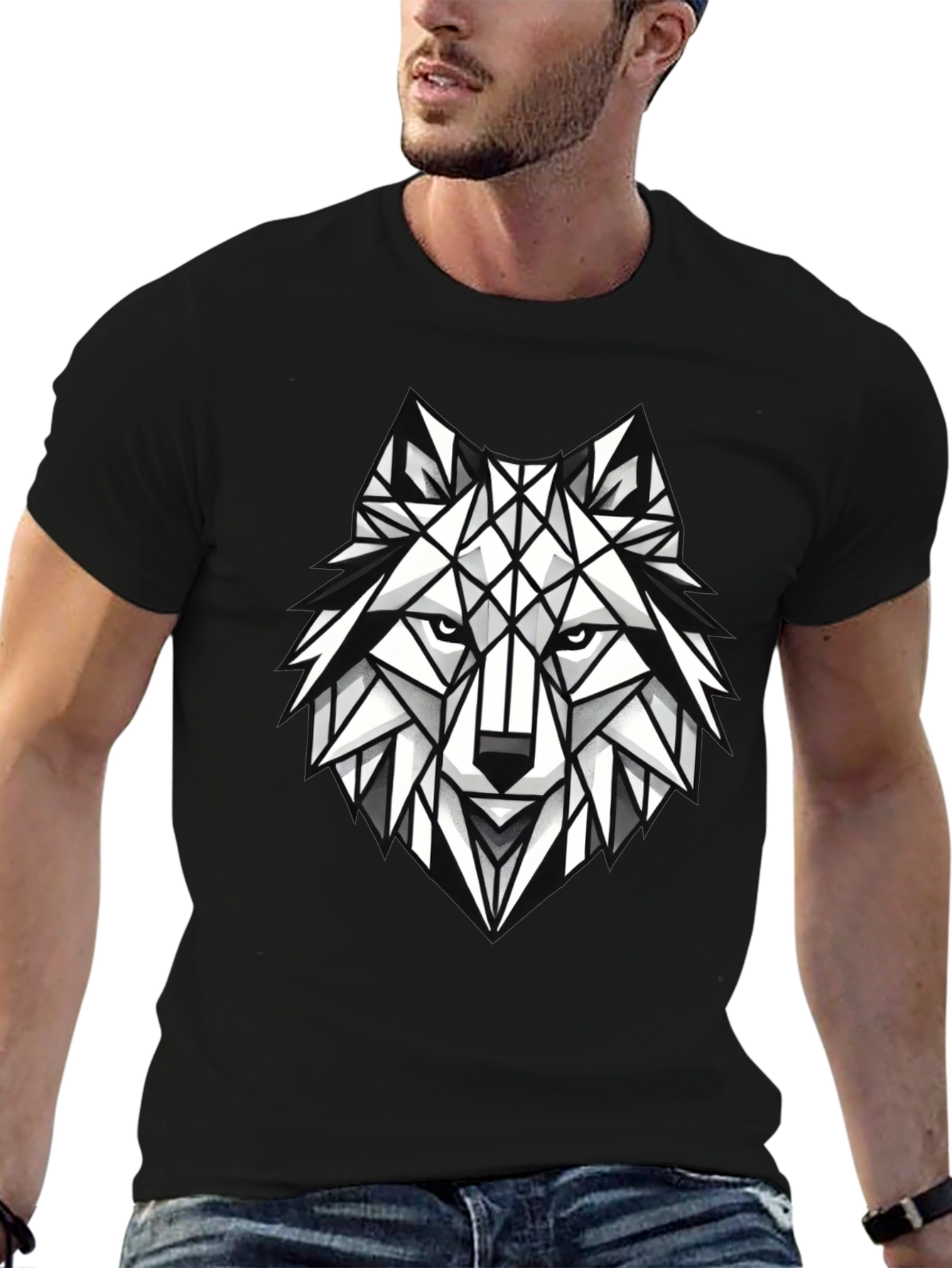 Geometric Wolf Graphic Tee - Modern Black T-Shirt