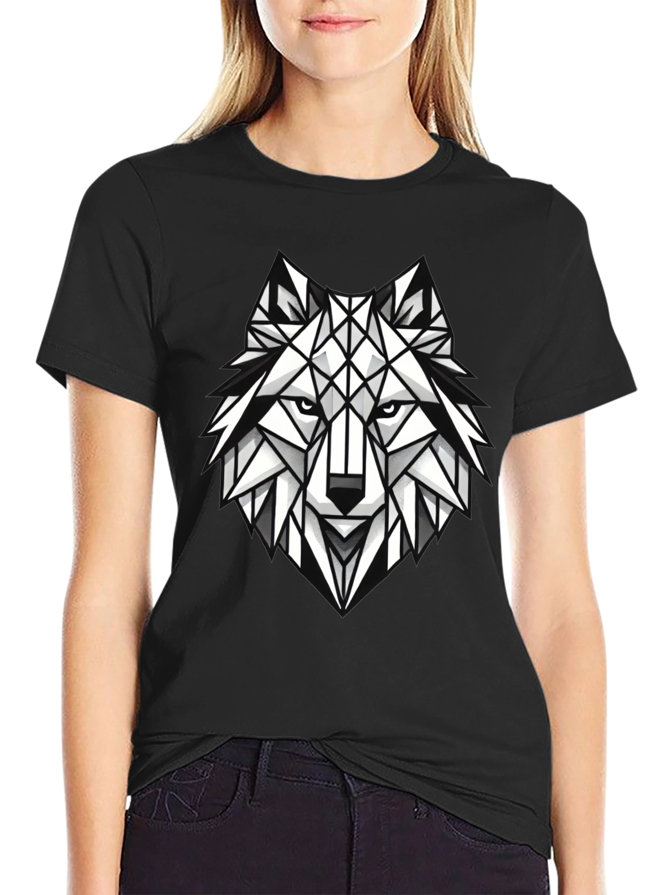 Geometric Wolf Graphic Tee - Modern Black T-Shirt