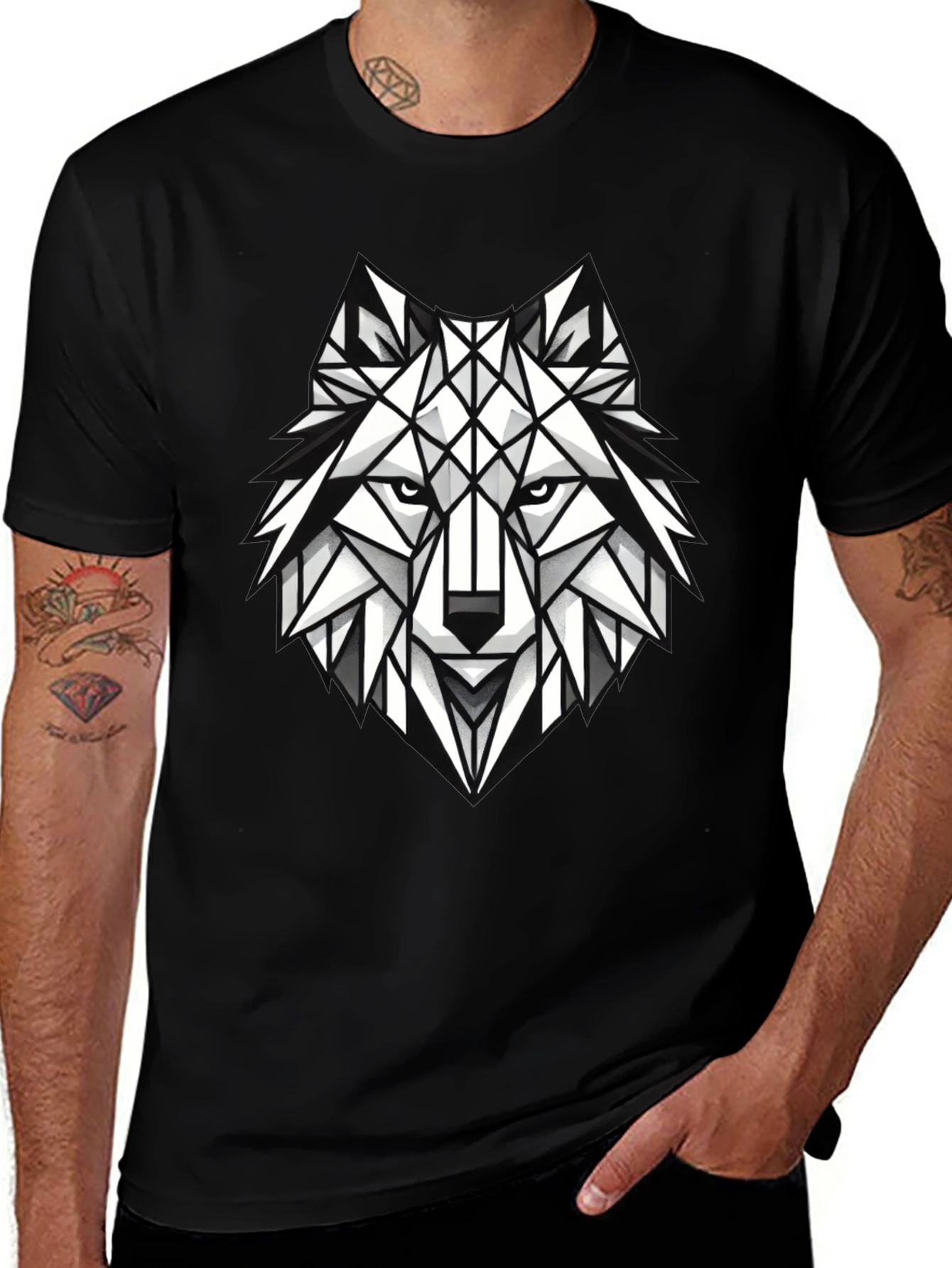 Geometric Wolf Graphic Tee - Modern Black T-Shirt