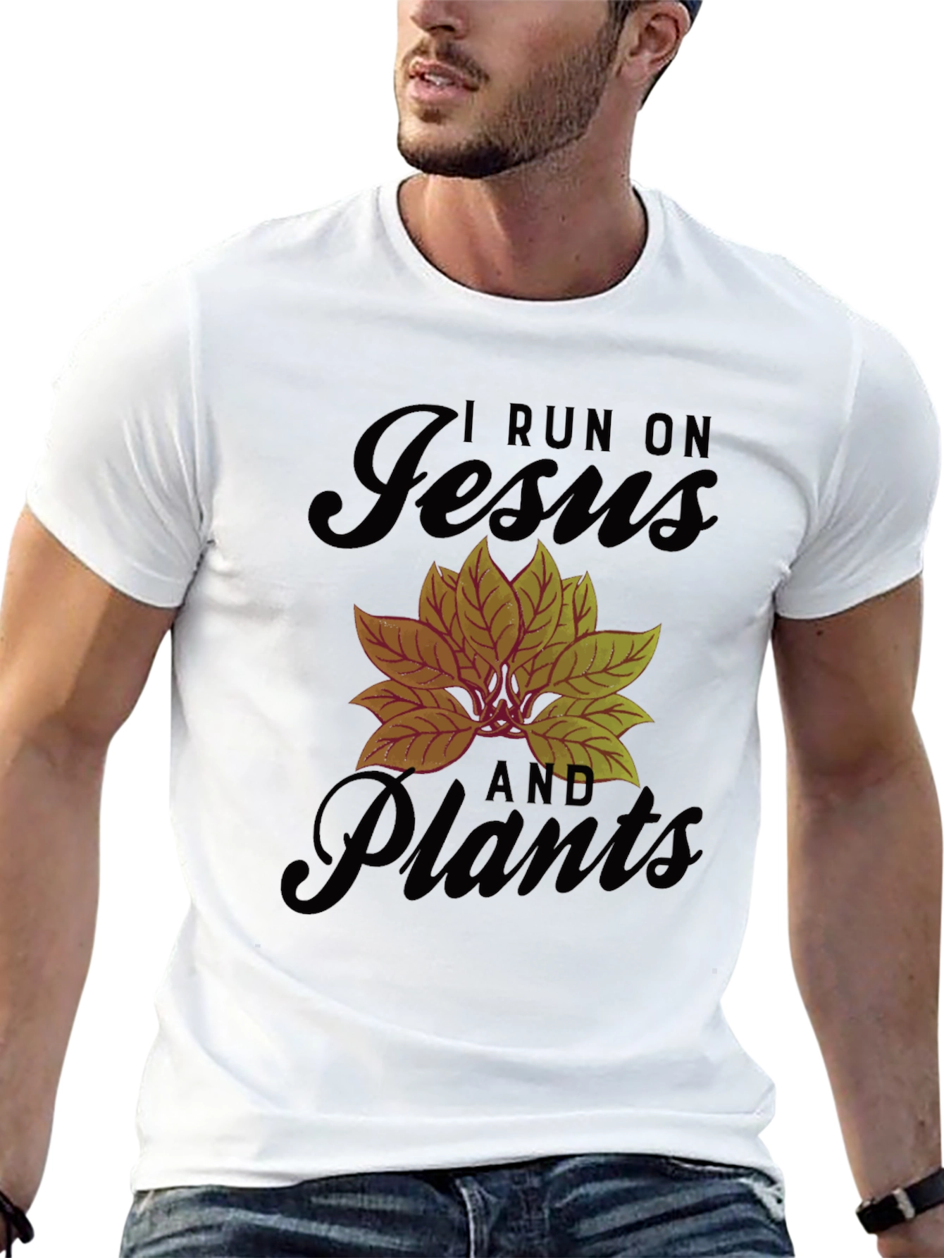 I Run On Jesus And Plants Black Graphic T-Shirt