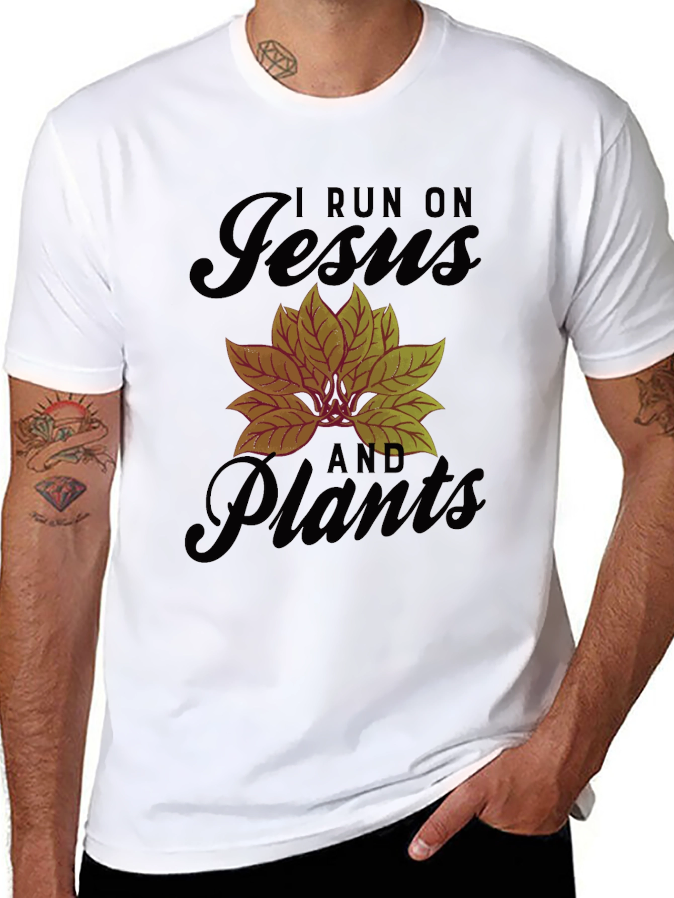 I Run On Jesus And Plants Black Graphic T-Shirt