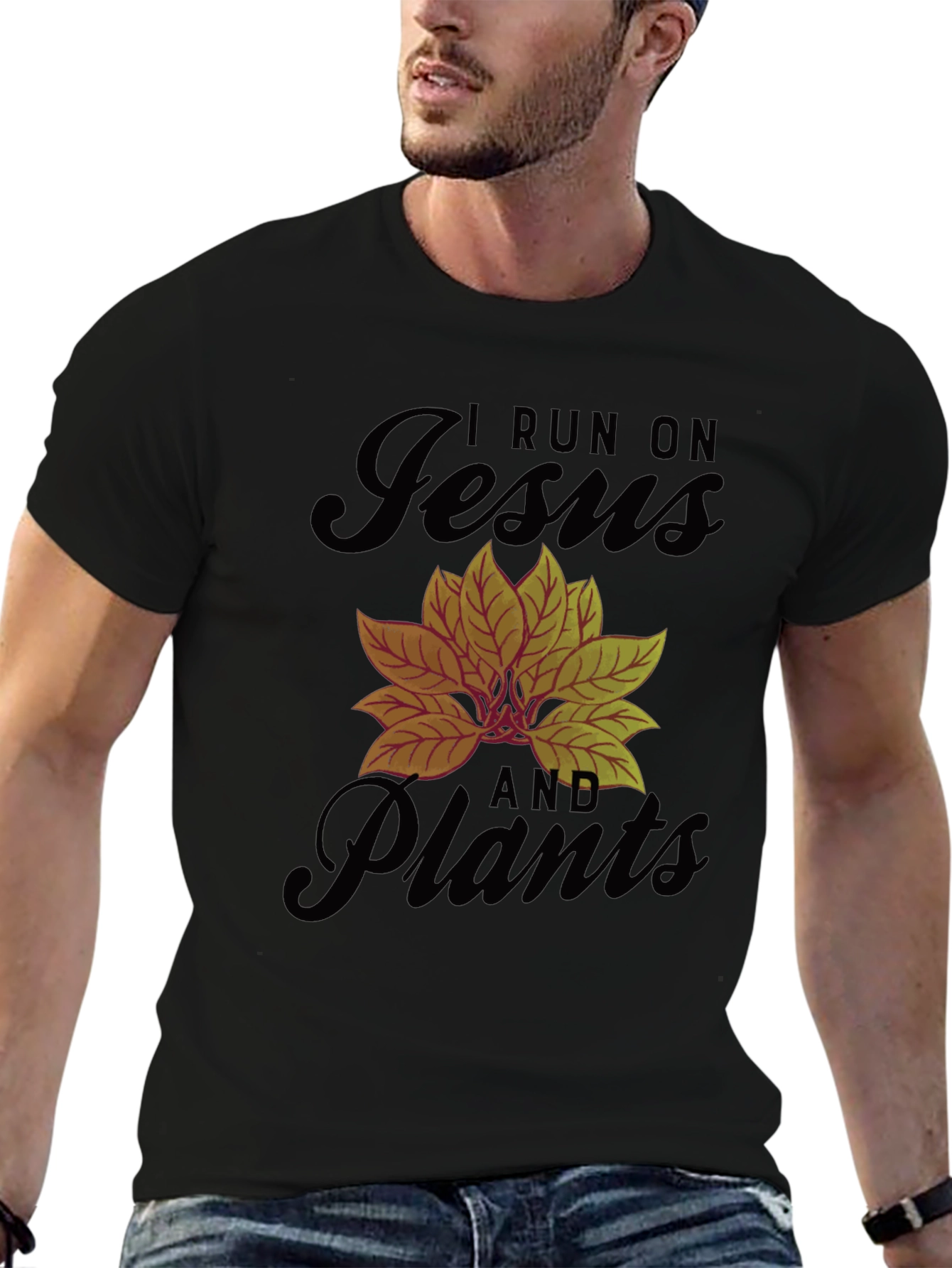 I Run On Jesus And Plants Black Graphic T-Shirt