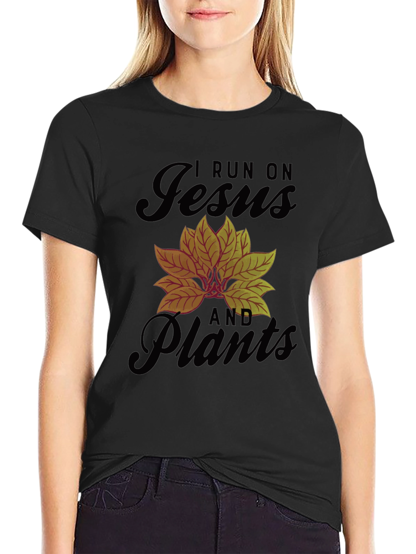 I Run On Jesus And Plants Black Graphic T-Shirt