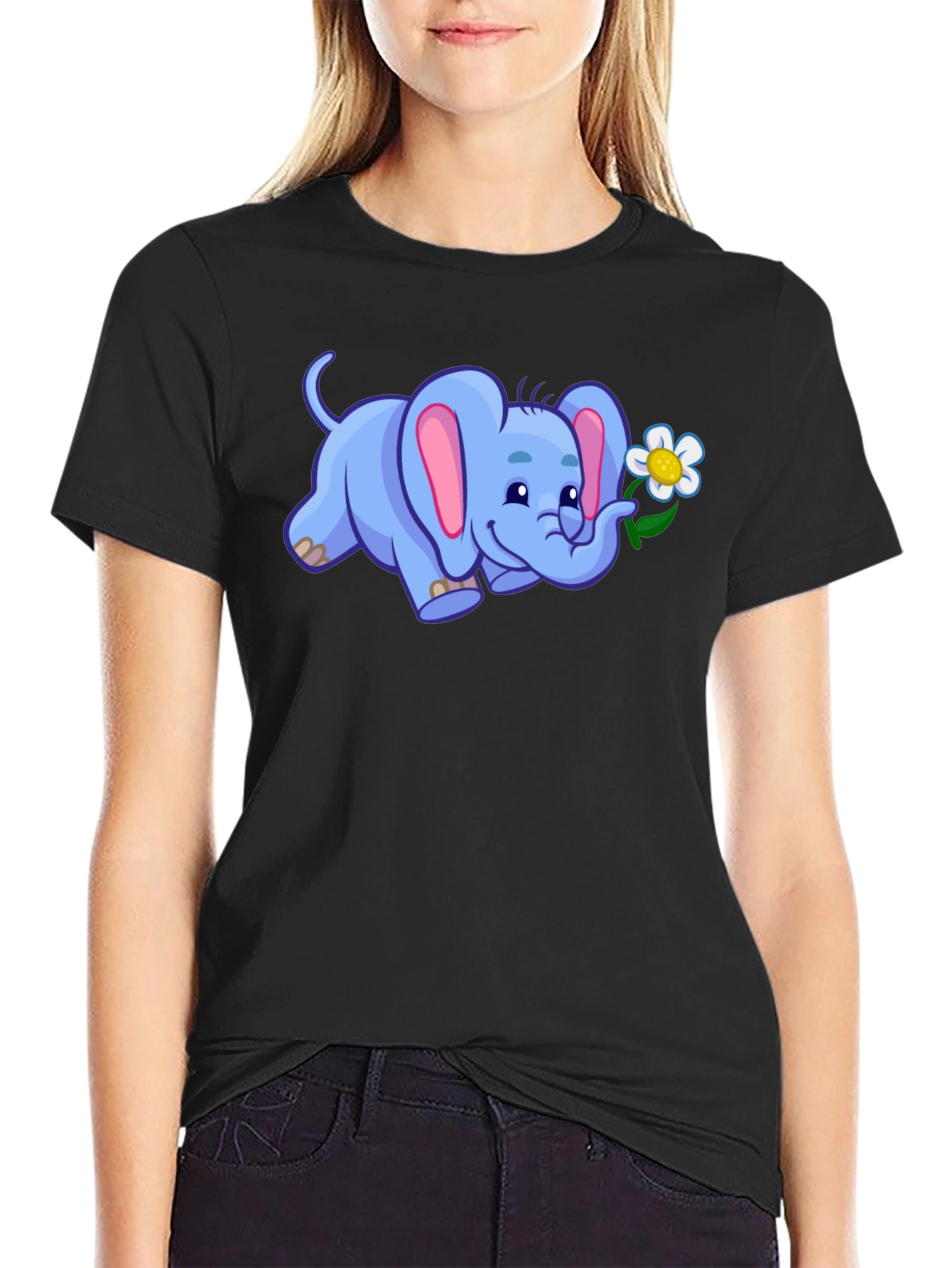 Cute Elephant with Flower Graphic T-Shirt